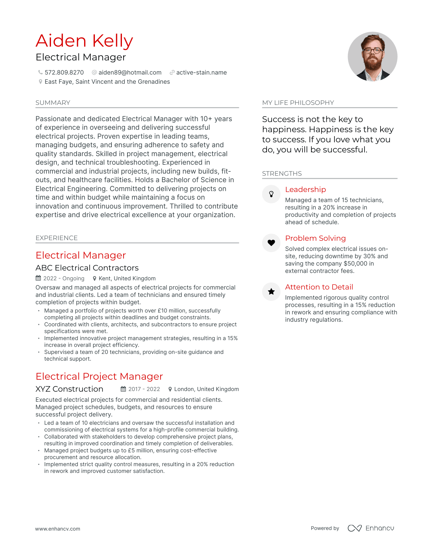 Electrical Manager resume example