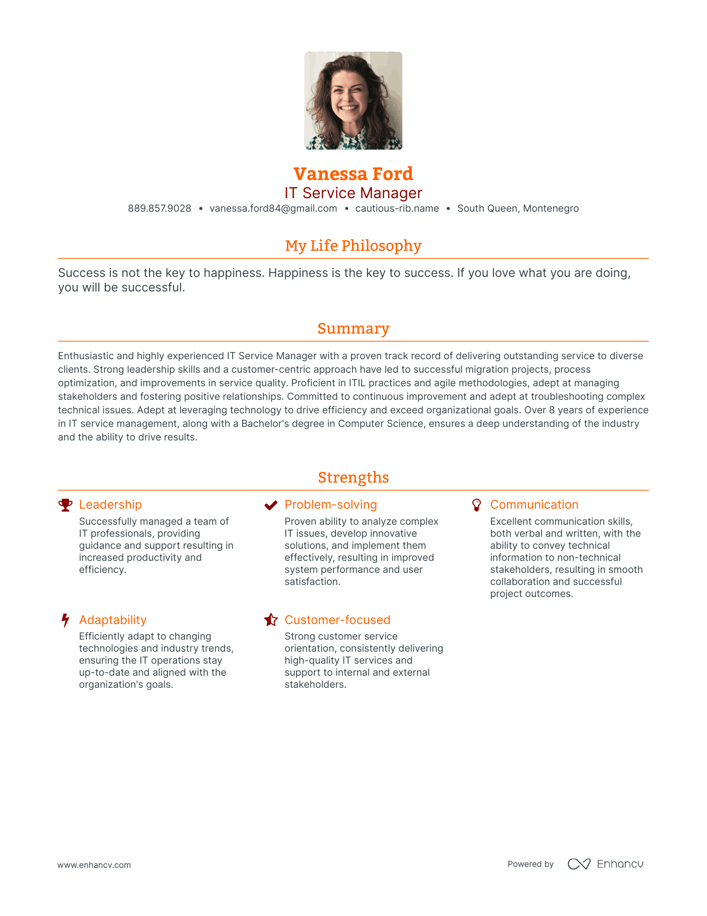 Modern IT Service Manager Resume Example