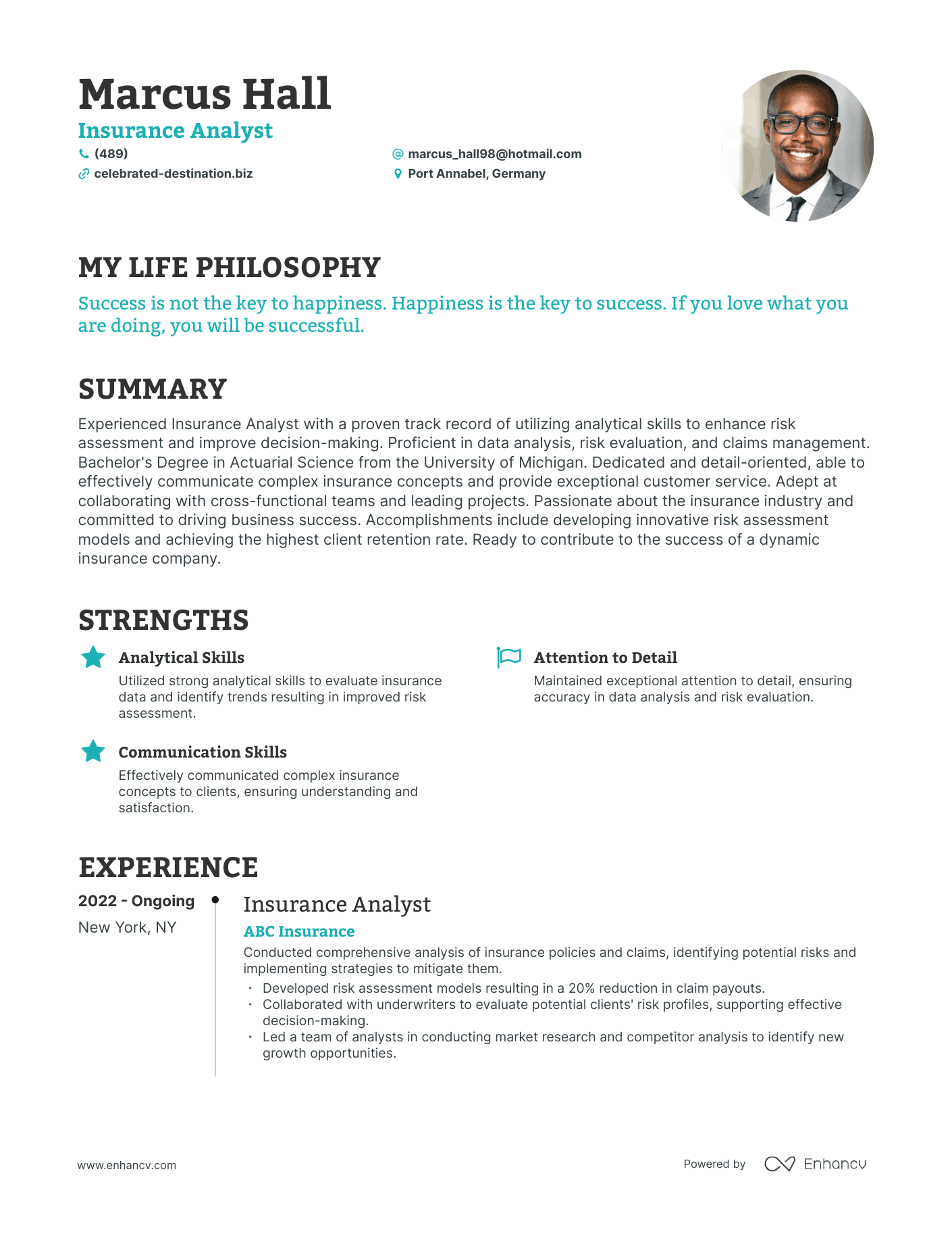 Creative Insurance Analyst Resume Example
