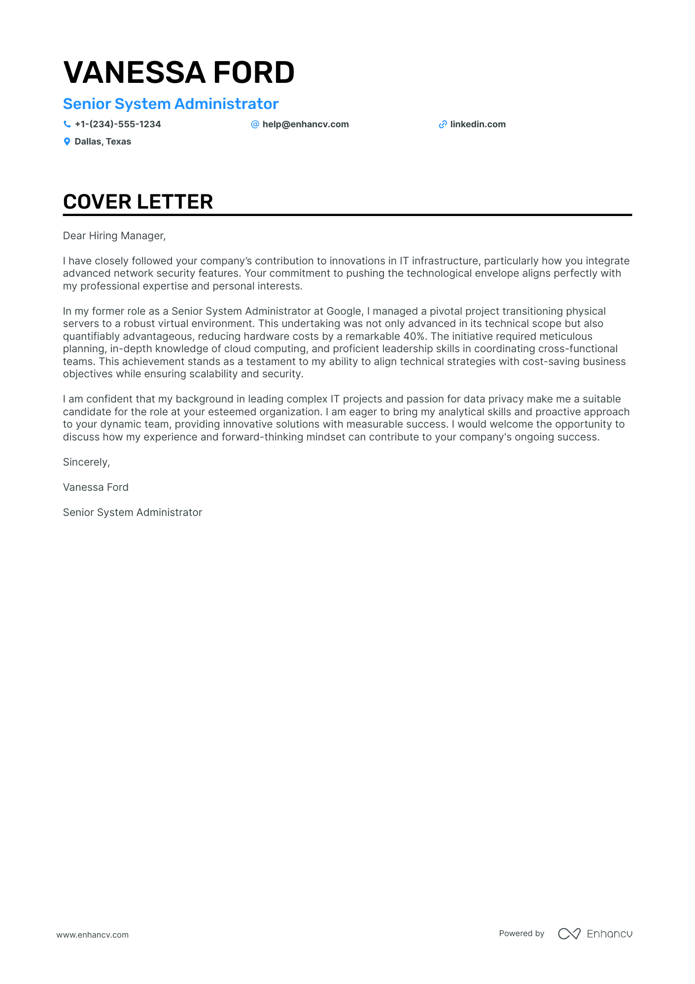 Senior System Administrator cover letter