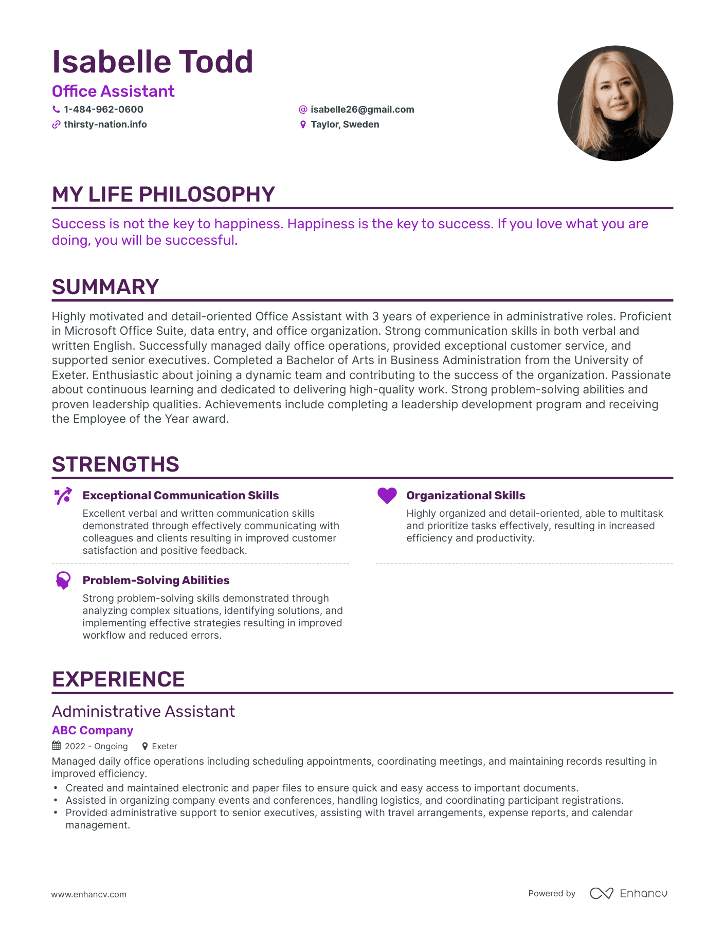 Creative Office Assistant Resume Example