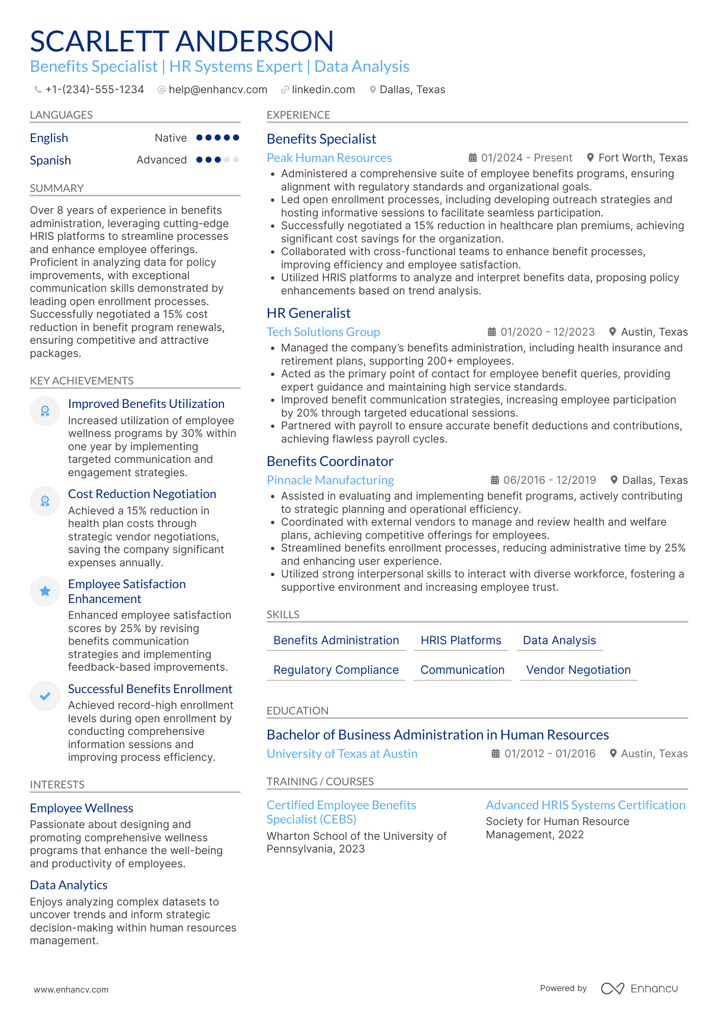 Benefits Specialist resume example