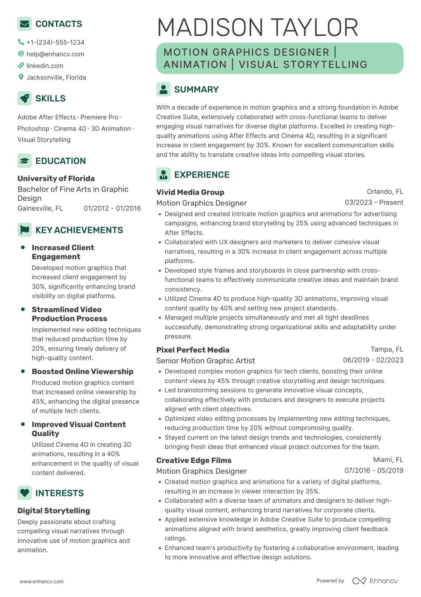 Motion Graphics resume example