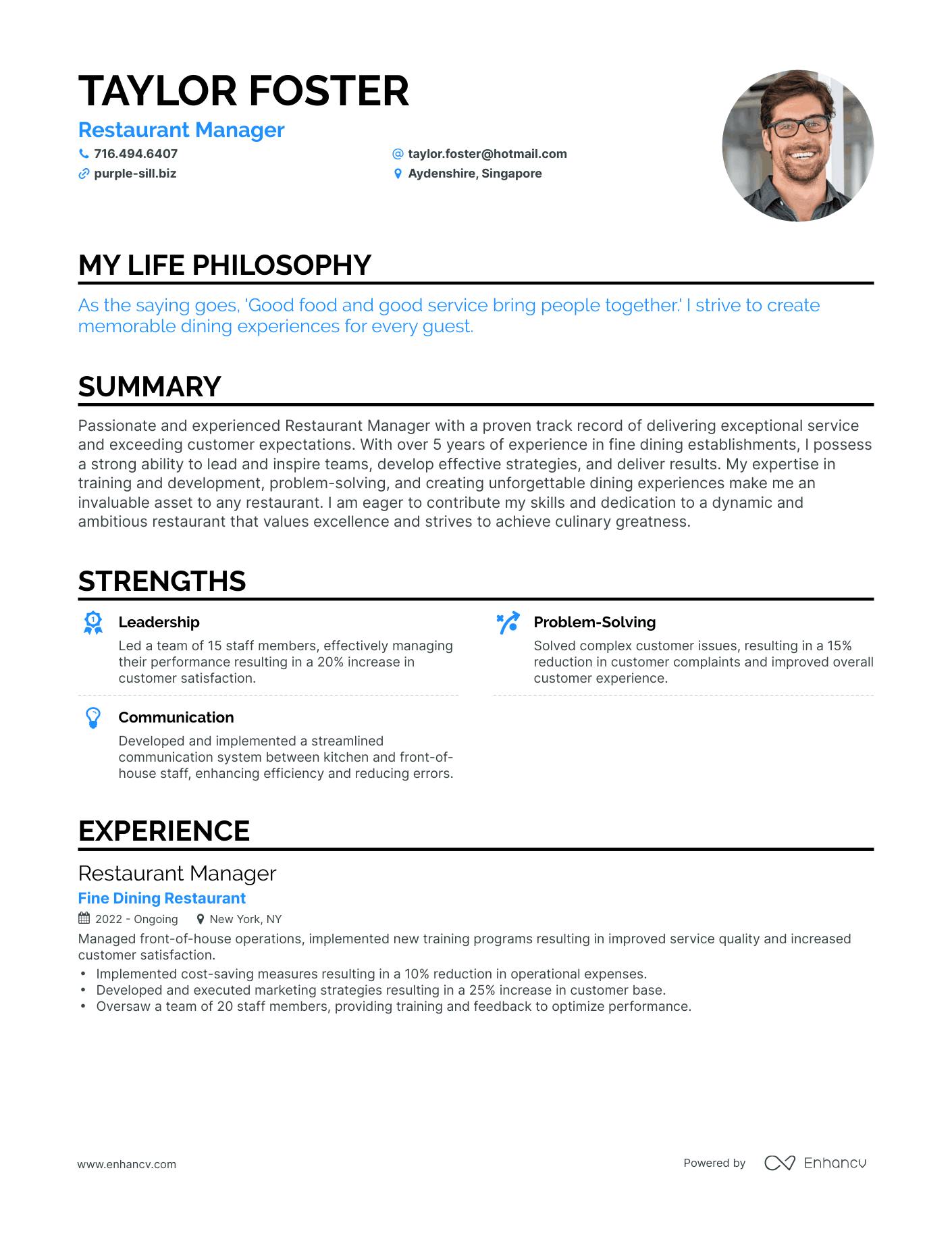 Creative Restaurant Manager Resume Example