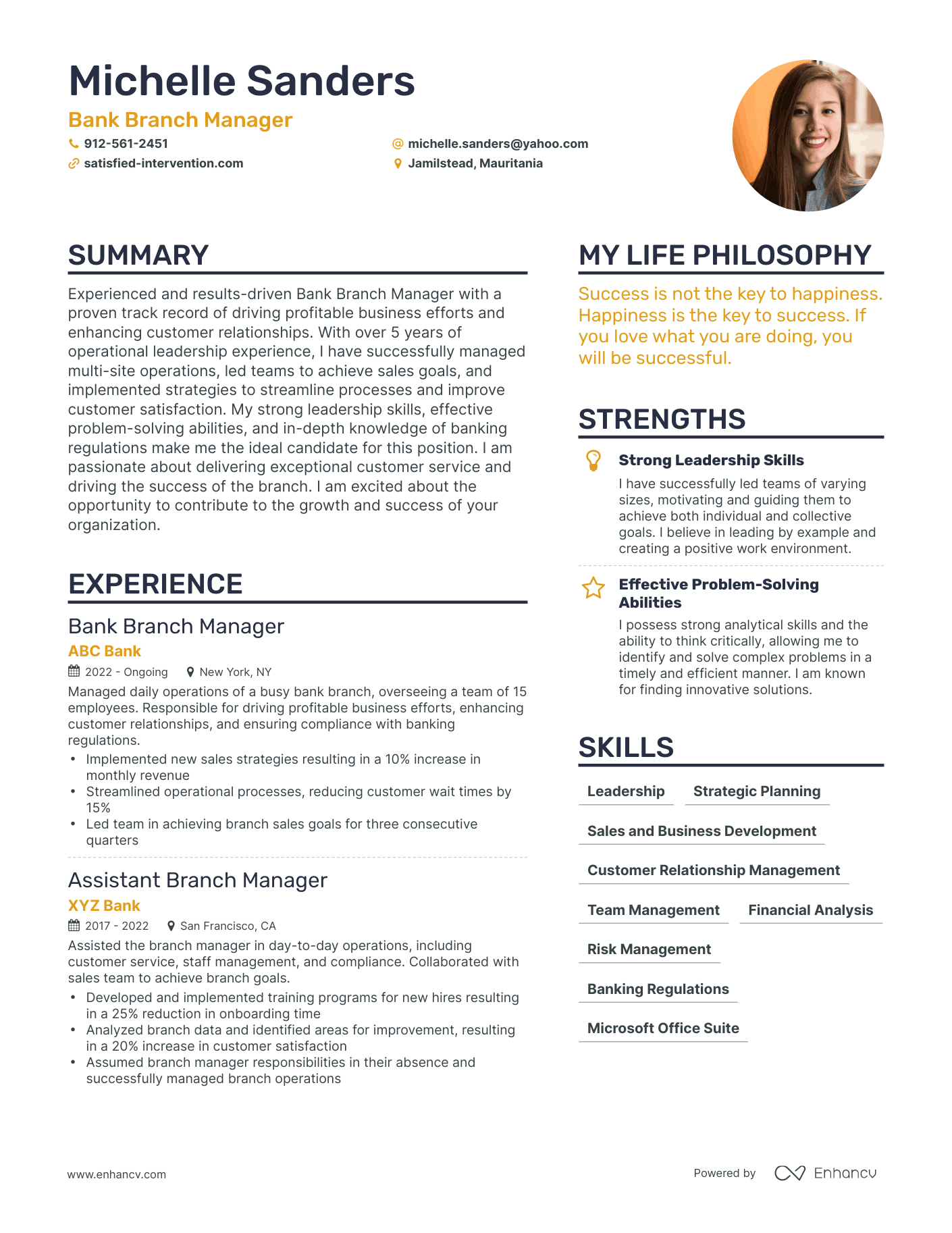 Modern Bank Branch Manager Resume Example