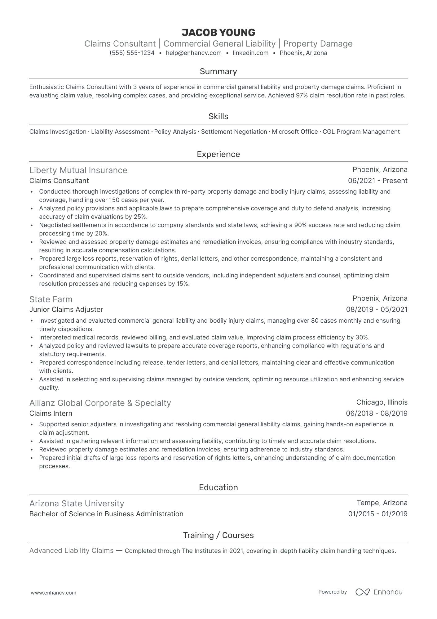 Commercial Claim Adjuster resume example