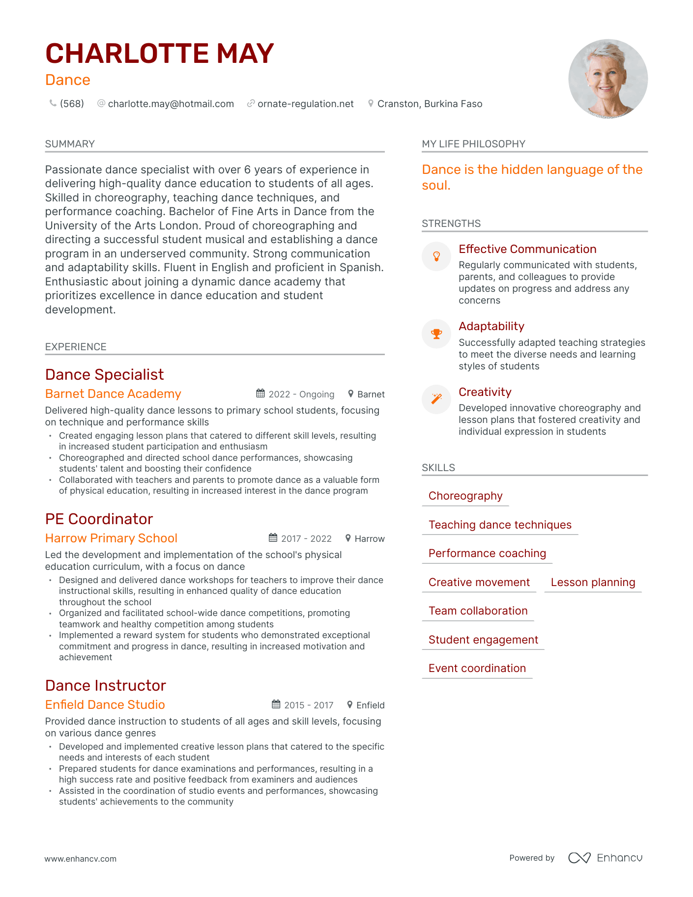 Dance resume example
