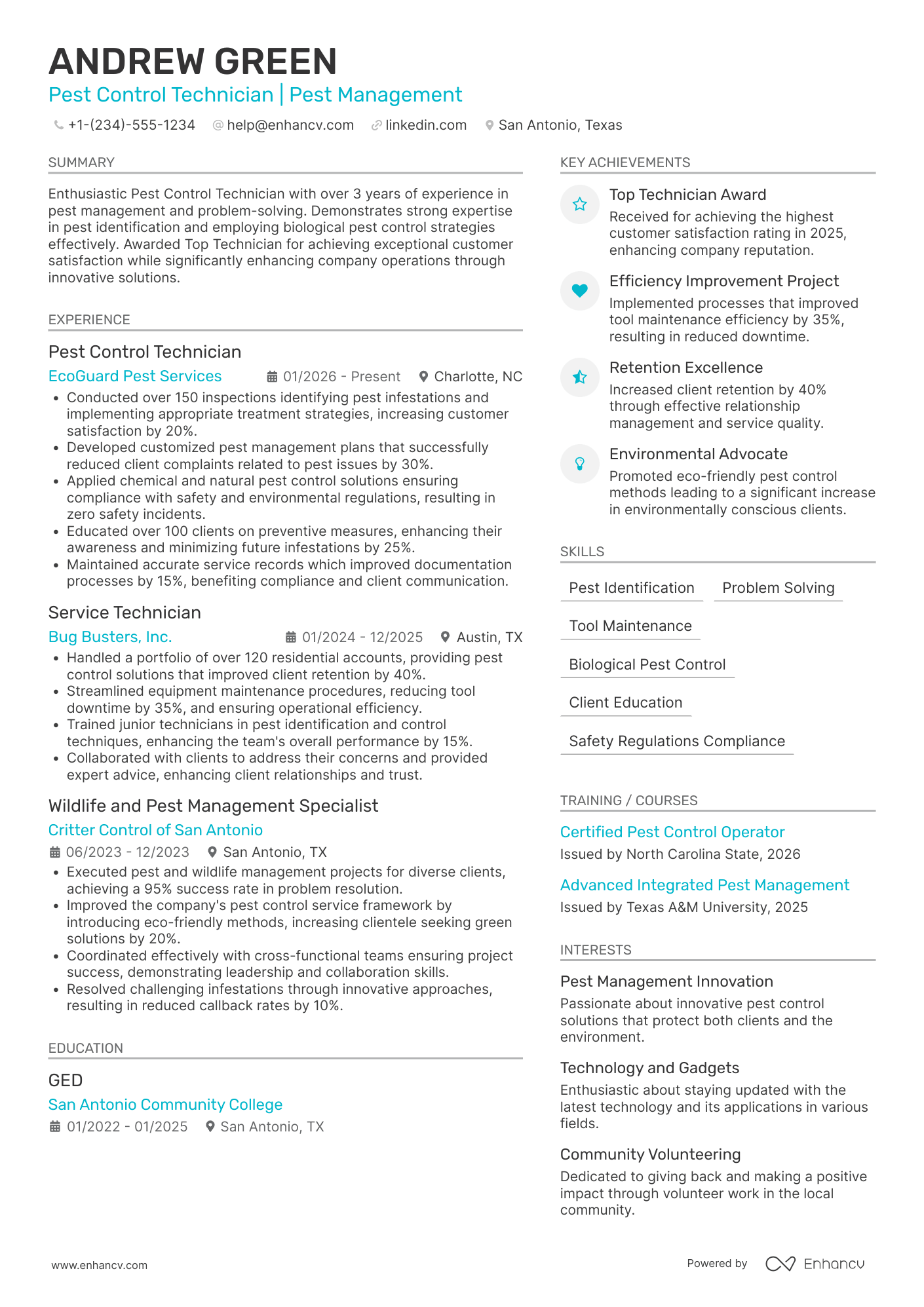 Pest Control resume example