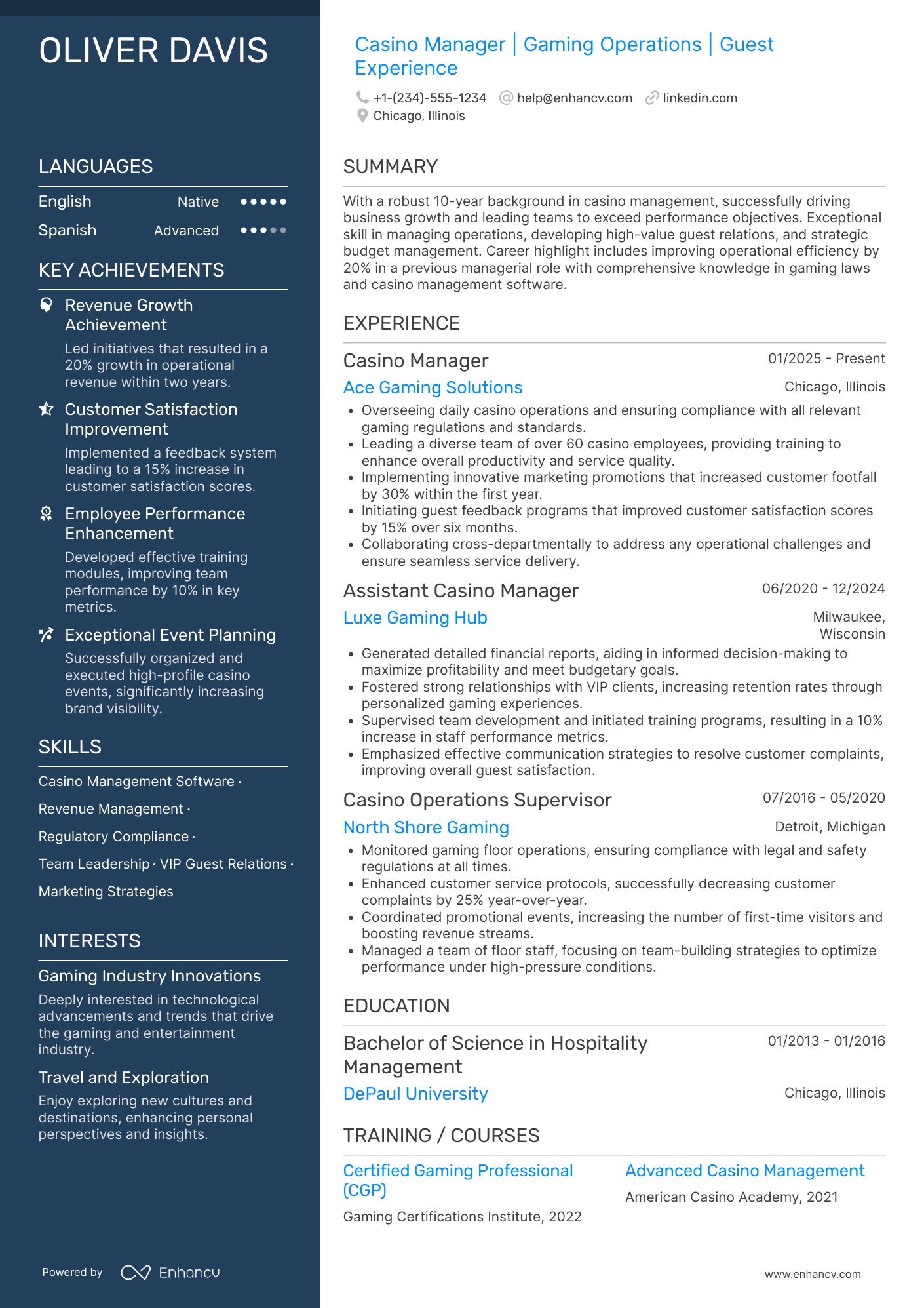 Casino Manager resume example