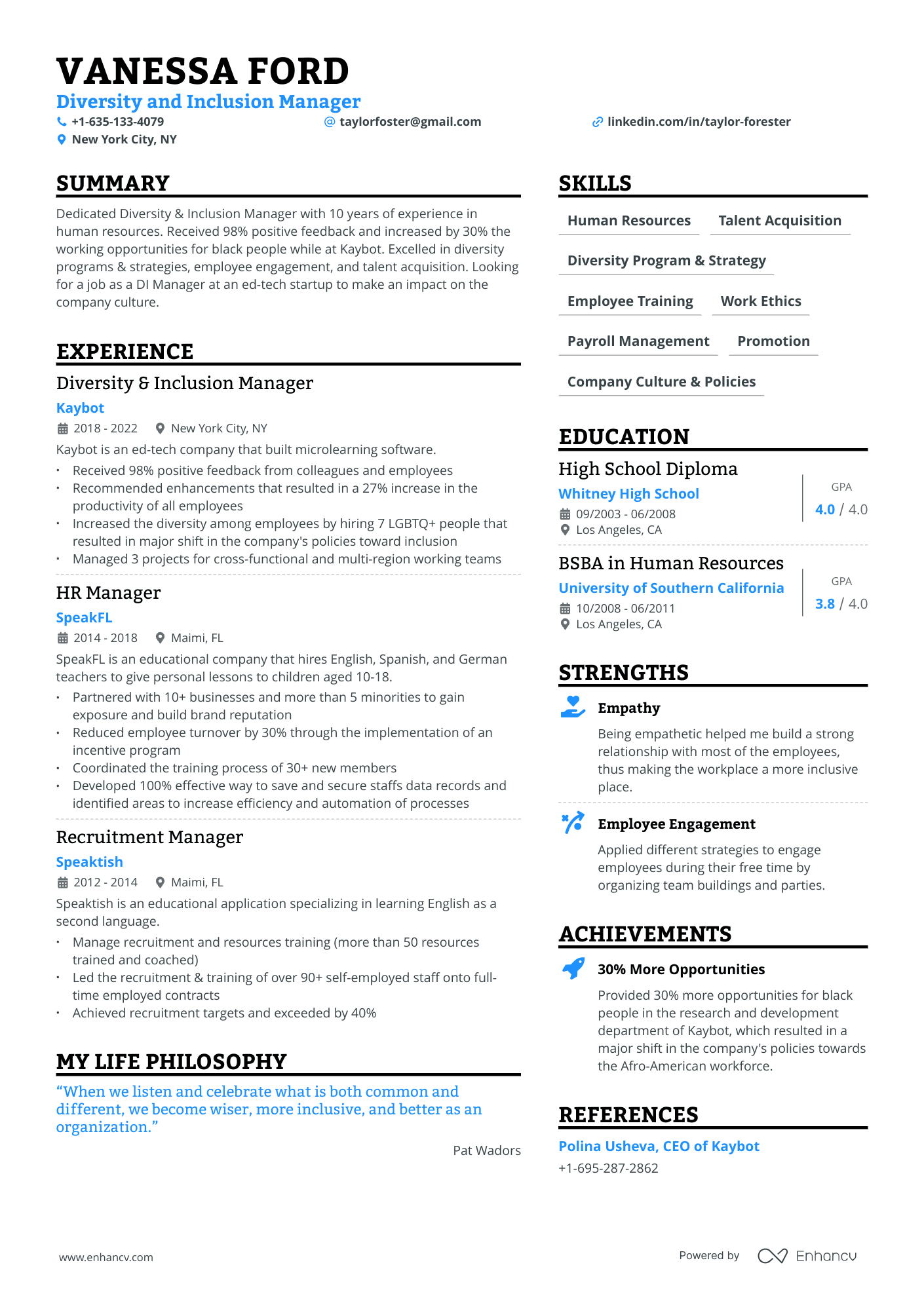 Diversity And Inclusion Manager resume example