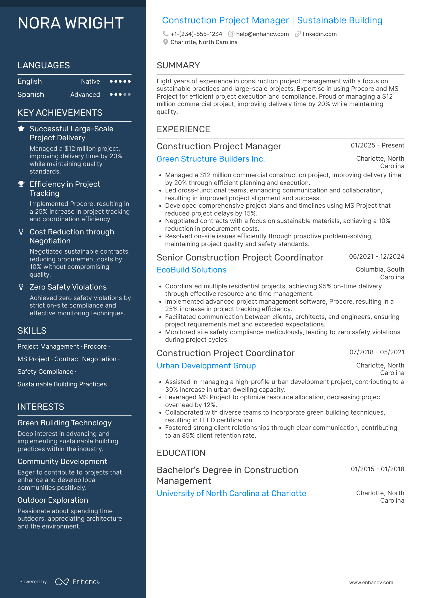Construction Project Manager resume example