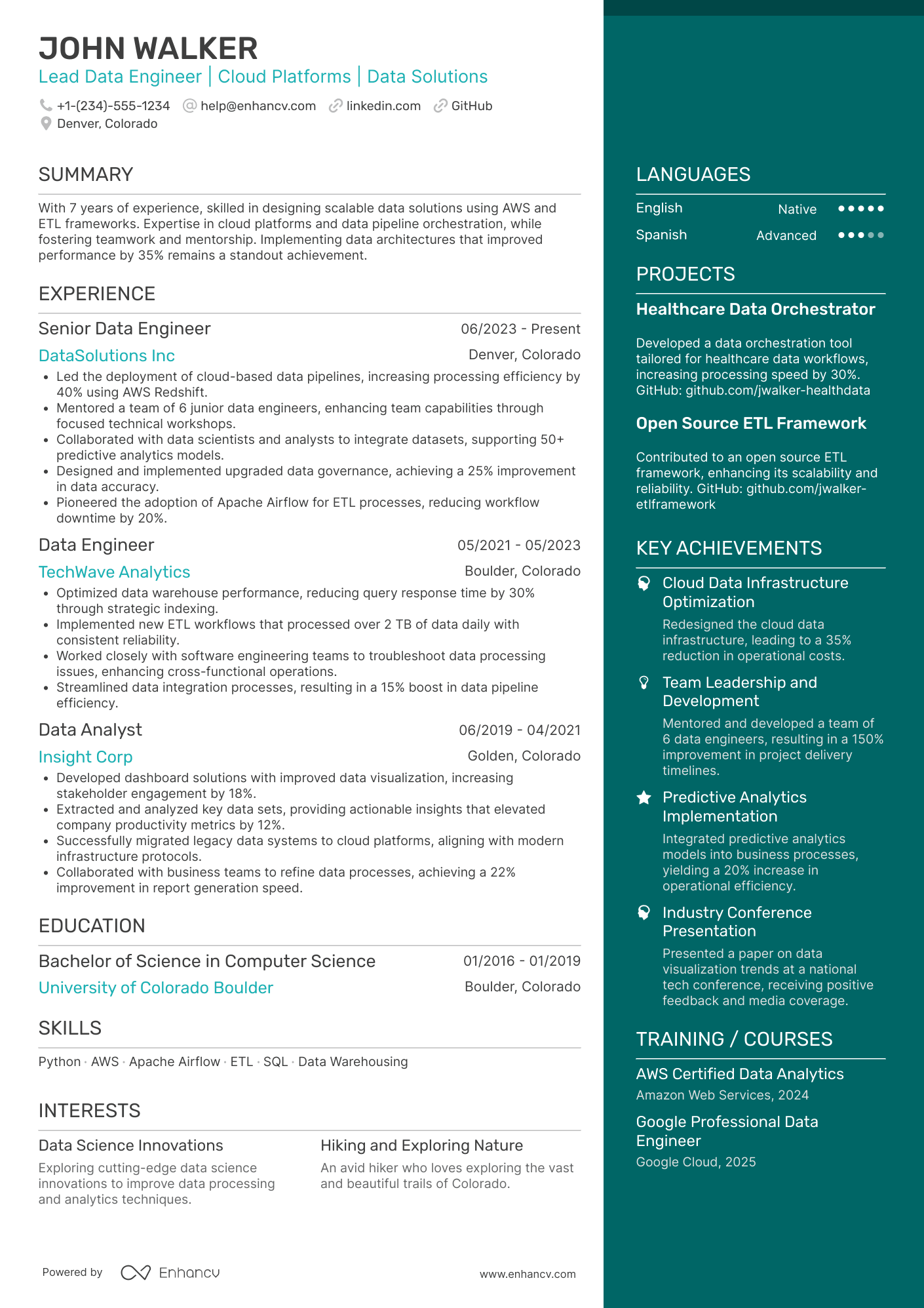 Lead Data Engineer resume example