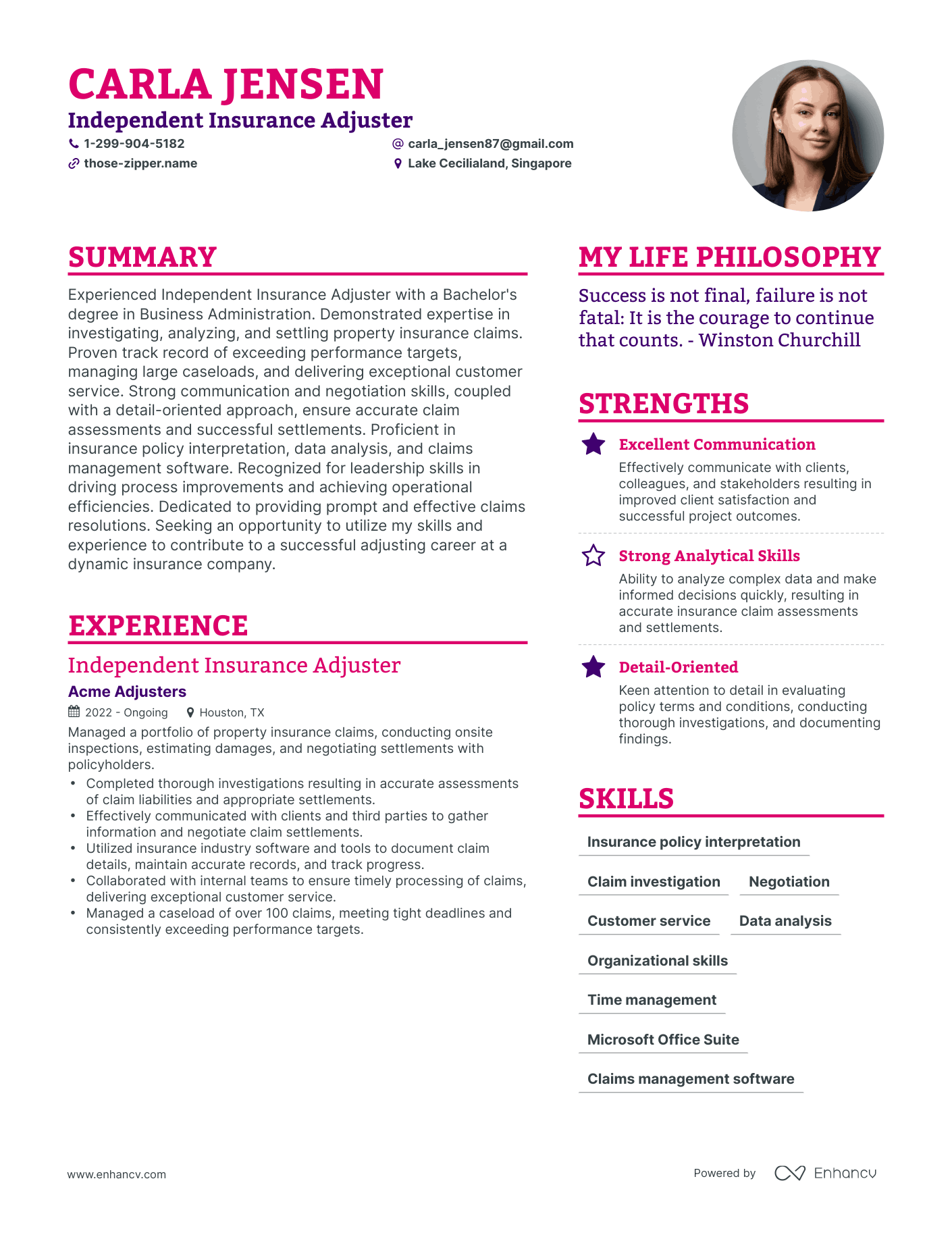 Independent Insurance Adjuster resume example