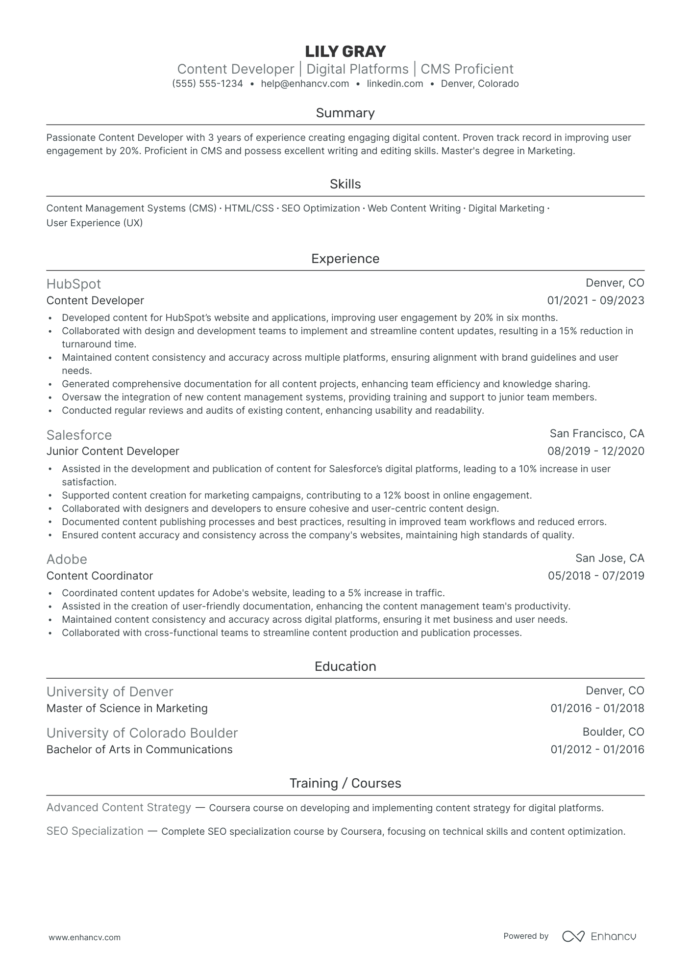 Junior Content Manager resume example