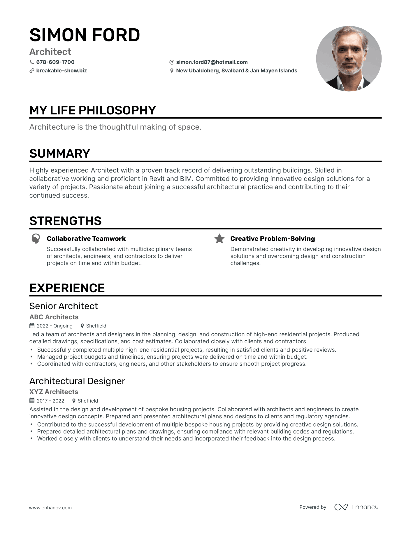 Creative Architect Resume Example
