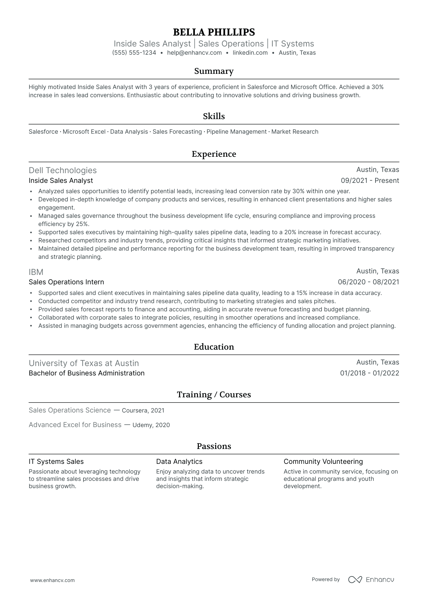 Inside Sales Operations Analyst resume example