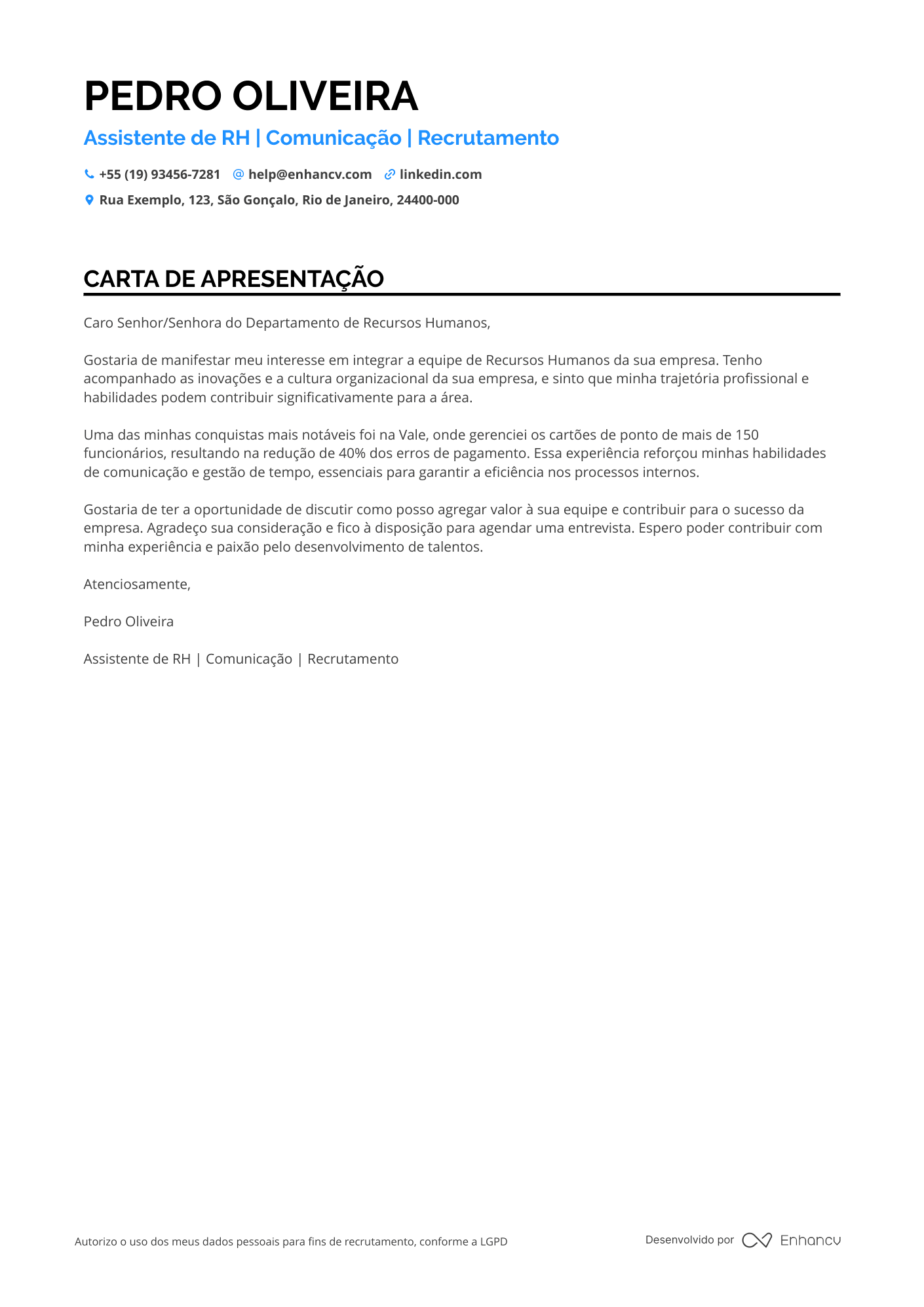 Assistente de RH Carta de apresentação