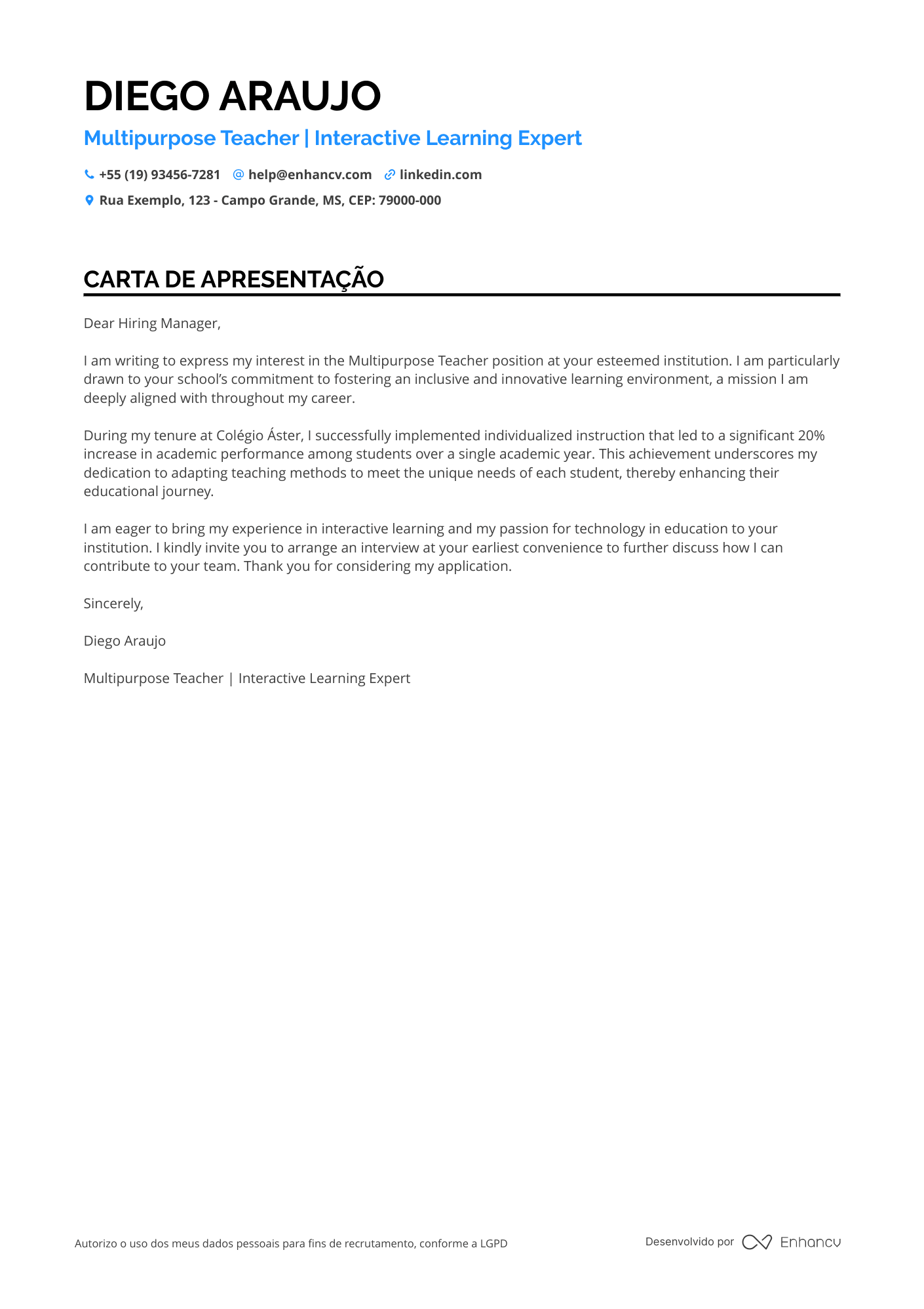 Professor Carta de apresentação
