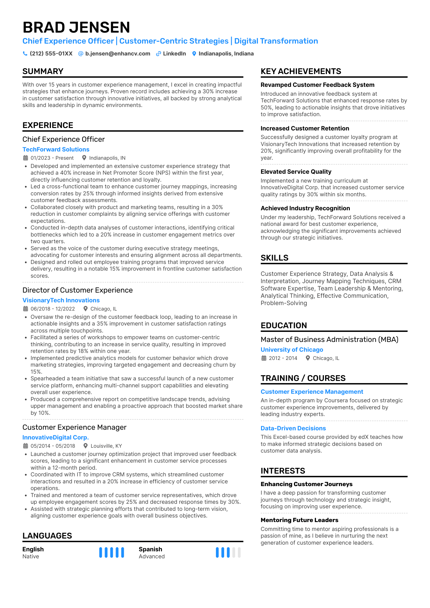 A two column resume with a blue accent color and focus on experience and achievements.