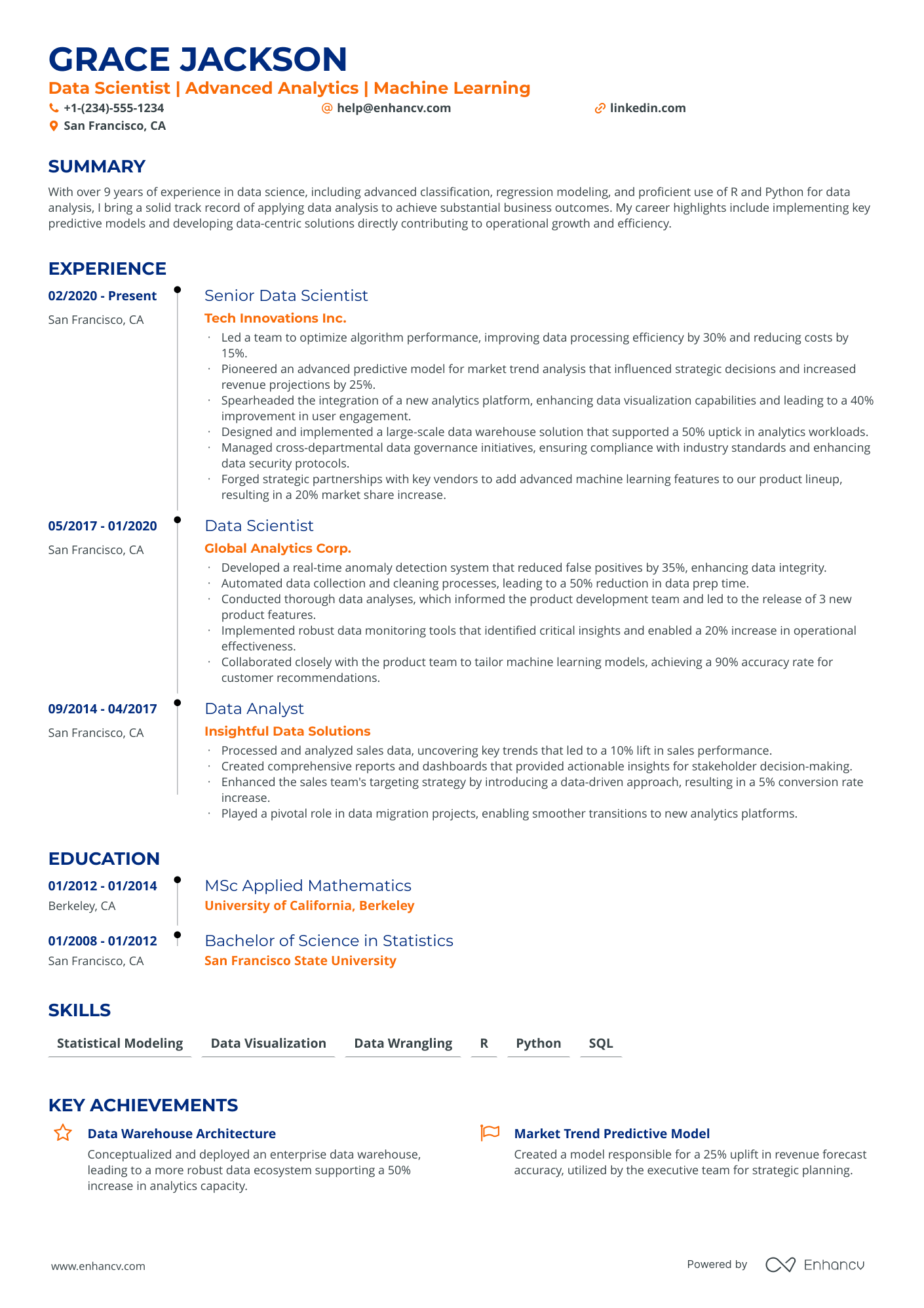 A single column timeline resume template with blue and orange accent colors.