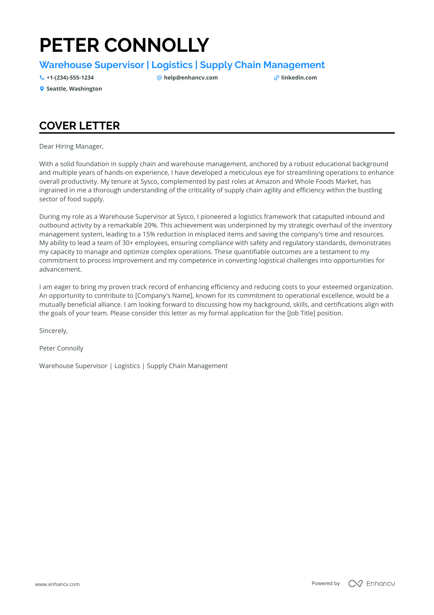 Warehouse Supervisor cover letter