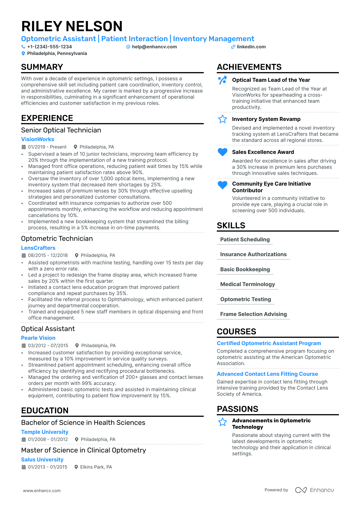 Optometry resume example