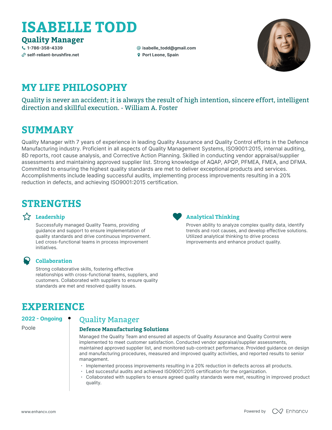 Creative Quality Manager Resume Example