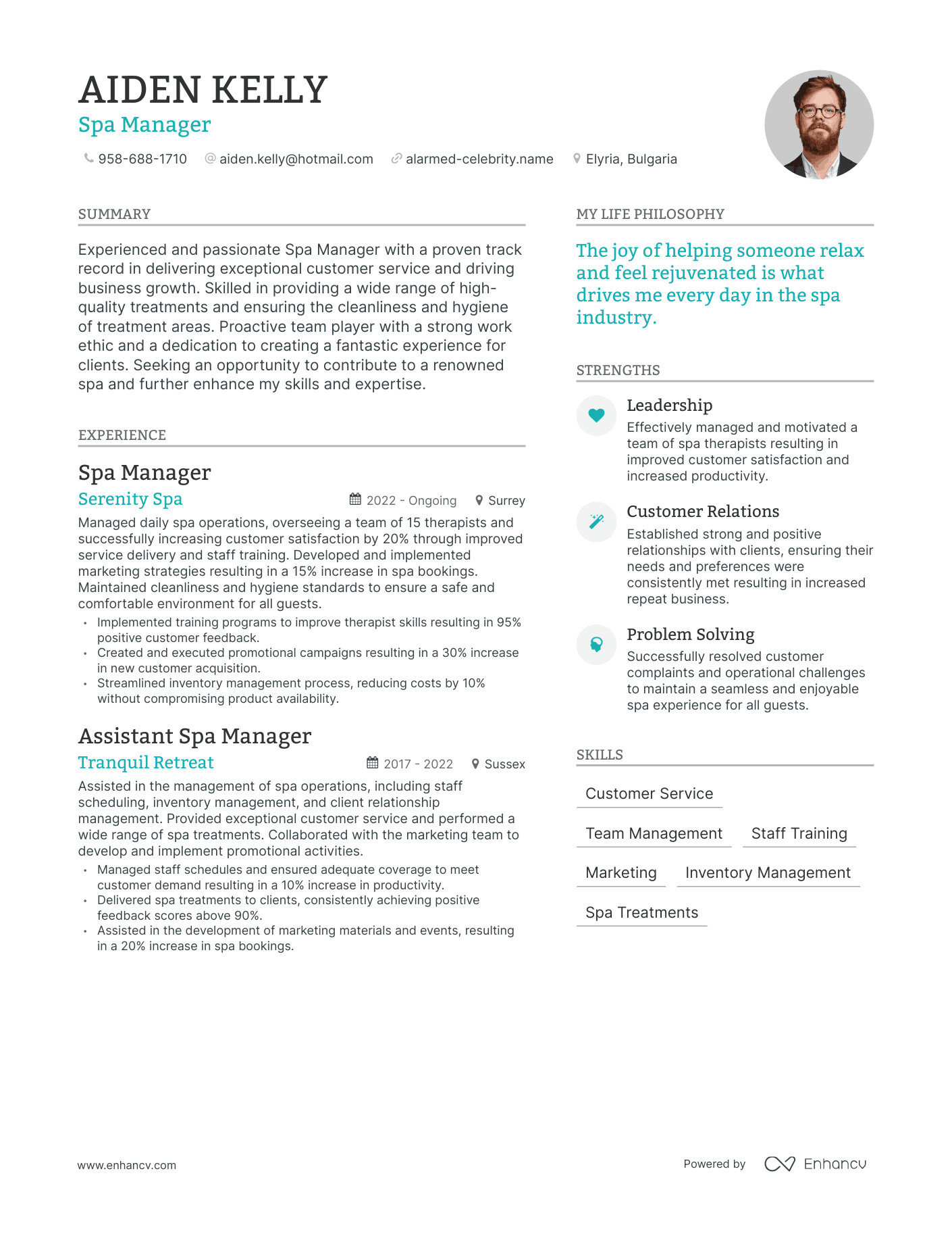Modern Spa Manager Resume Example