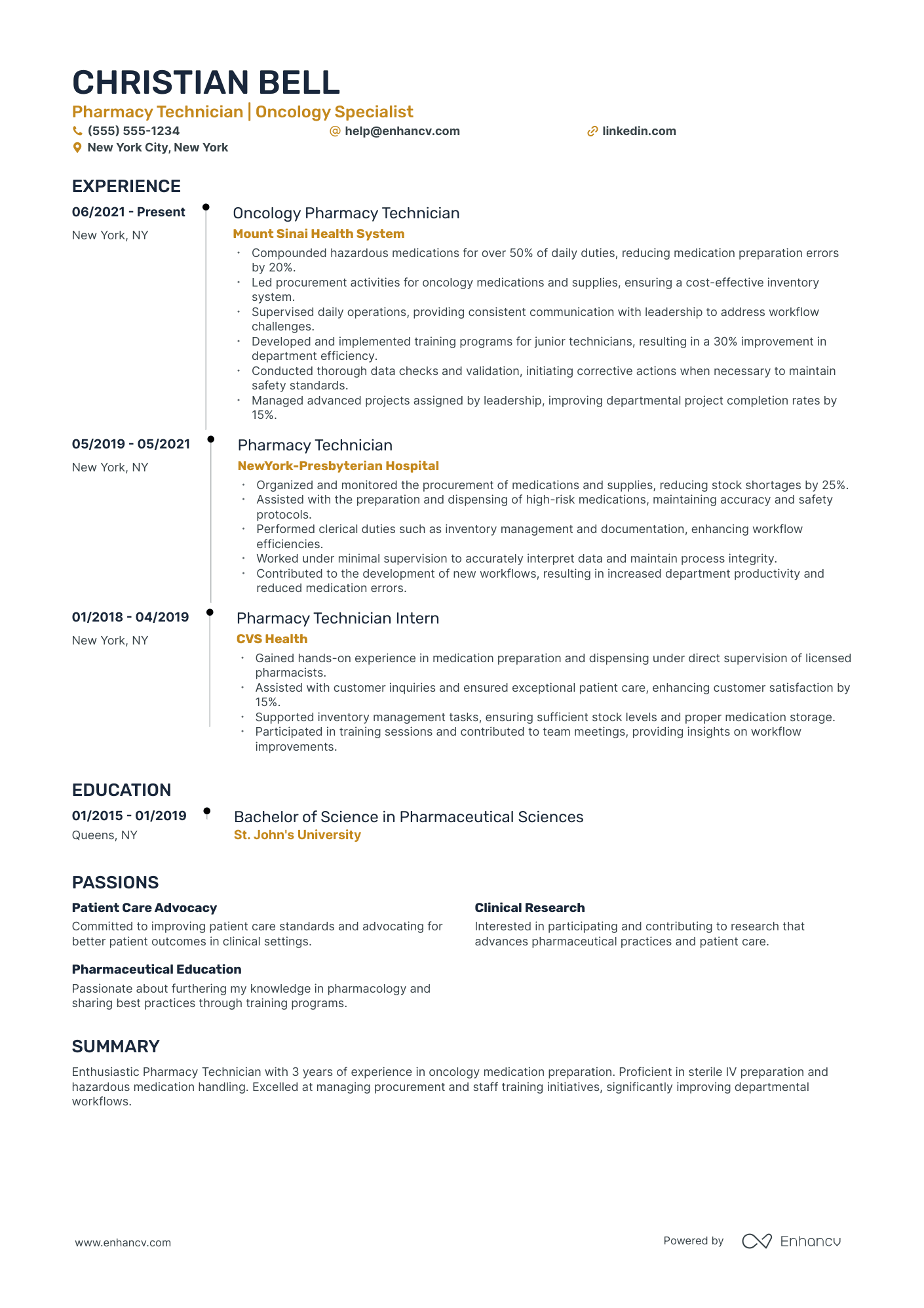 Oncology Pharmacy Tech resume example