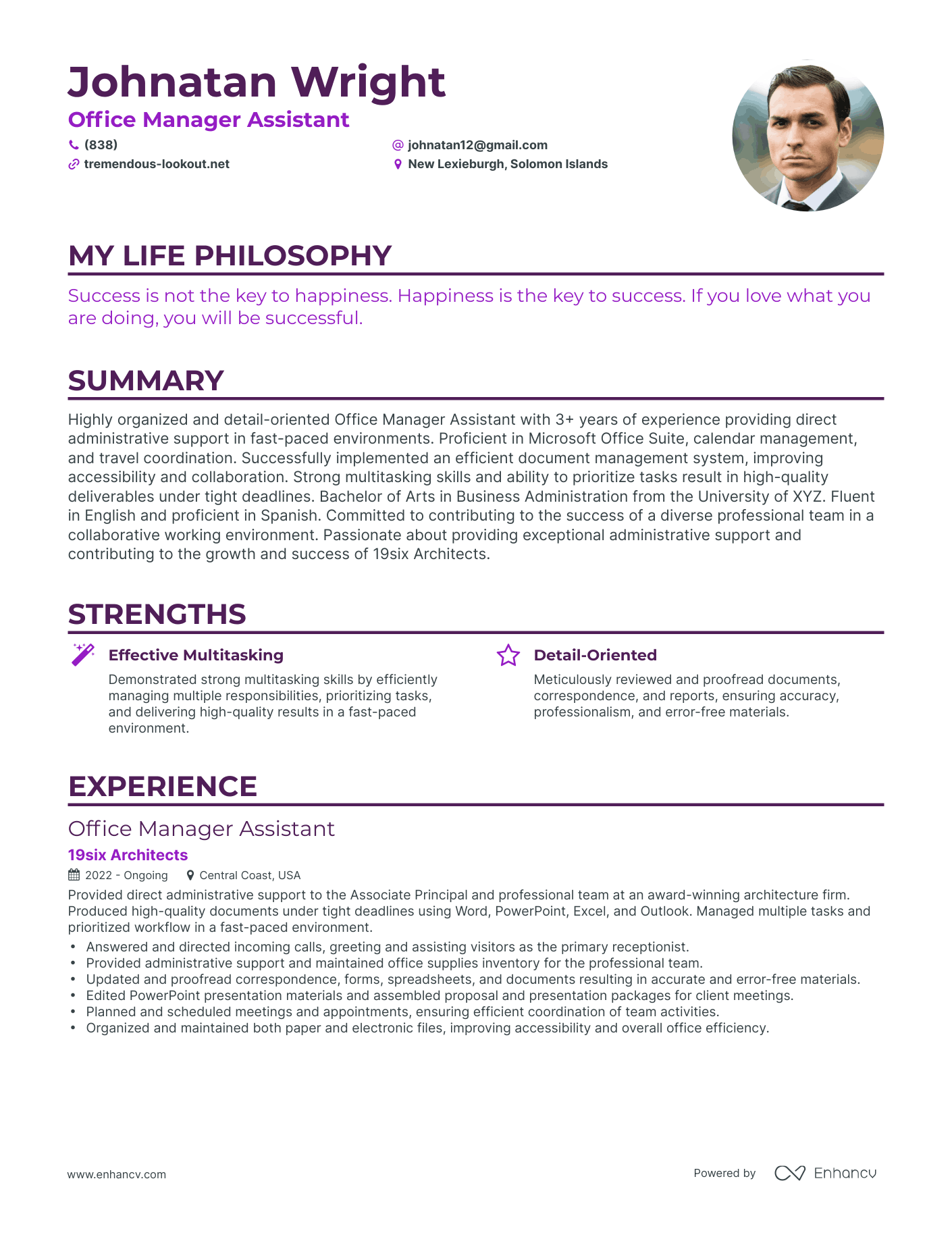 Creative Office Manager Assistant Resume Example