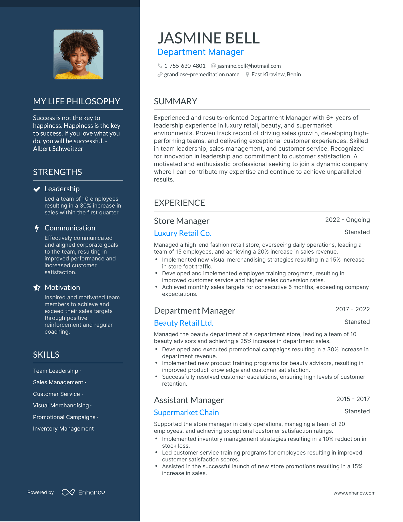 Department Manager resume example