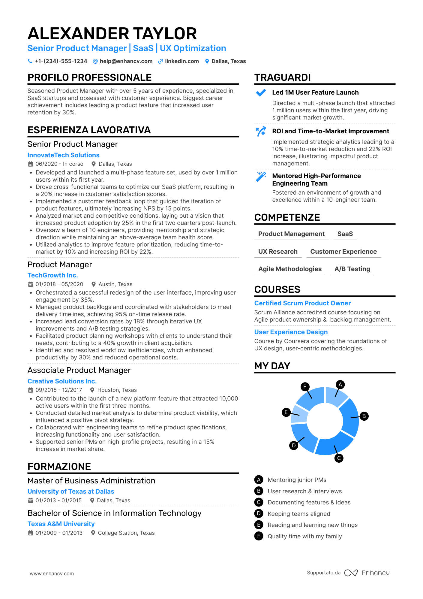 A two column resume with a blue accent color and focus on experience and achievements.