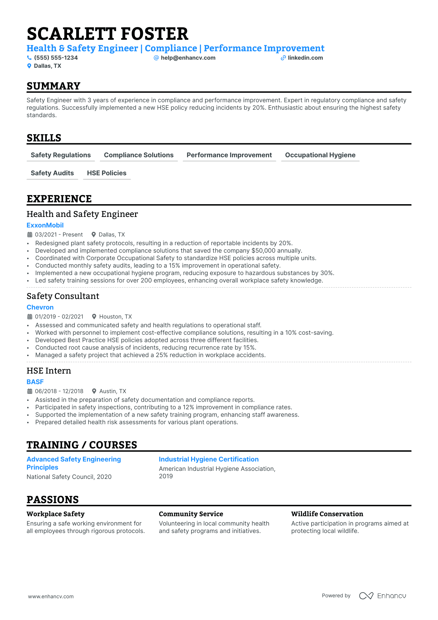 Chemical Safety Engineer resume example