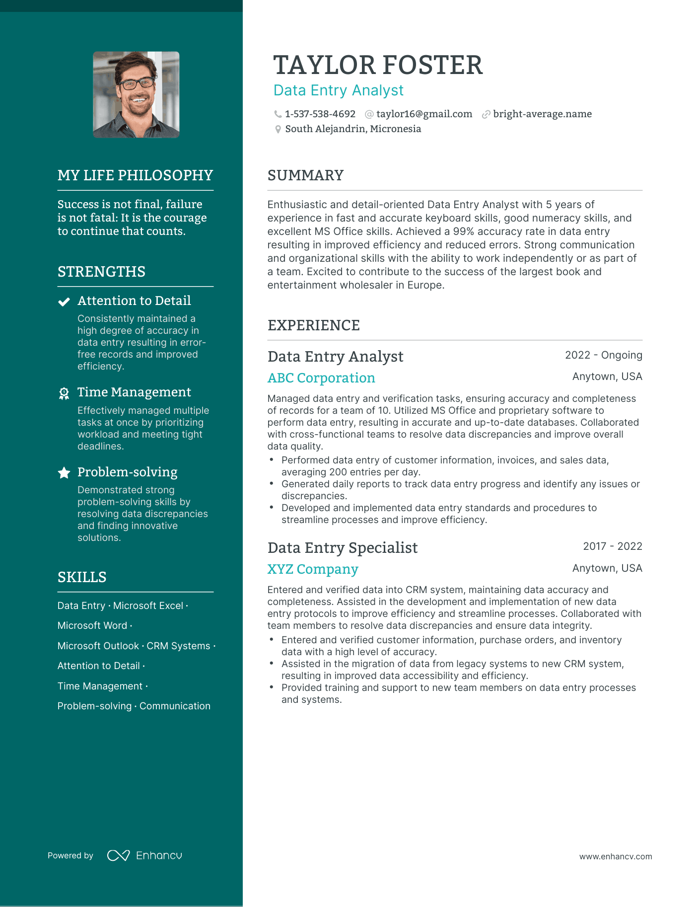 Creative Data Entry Analyst Resume Example