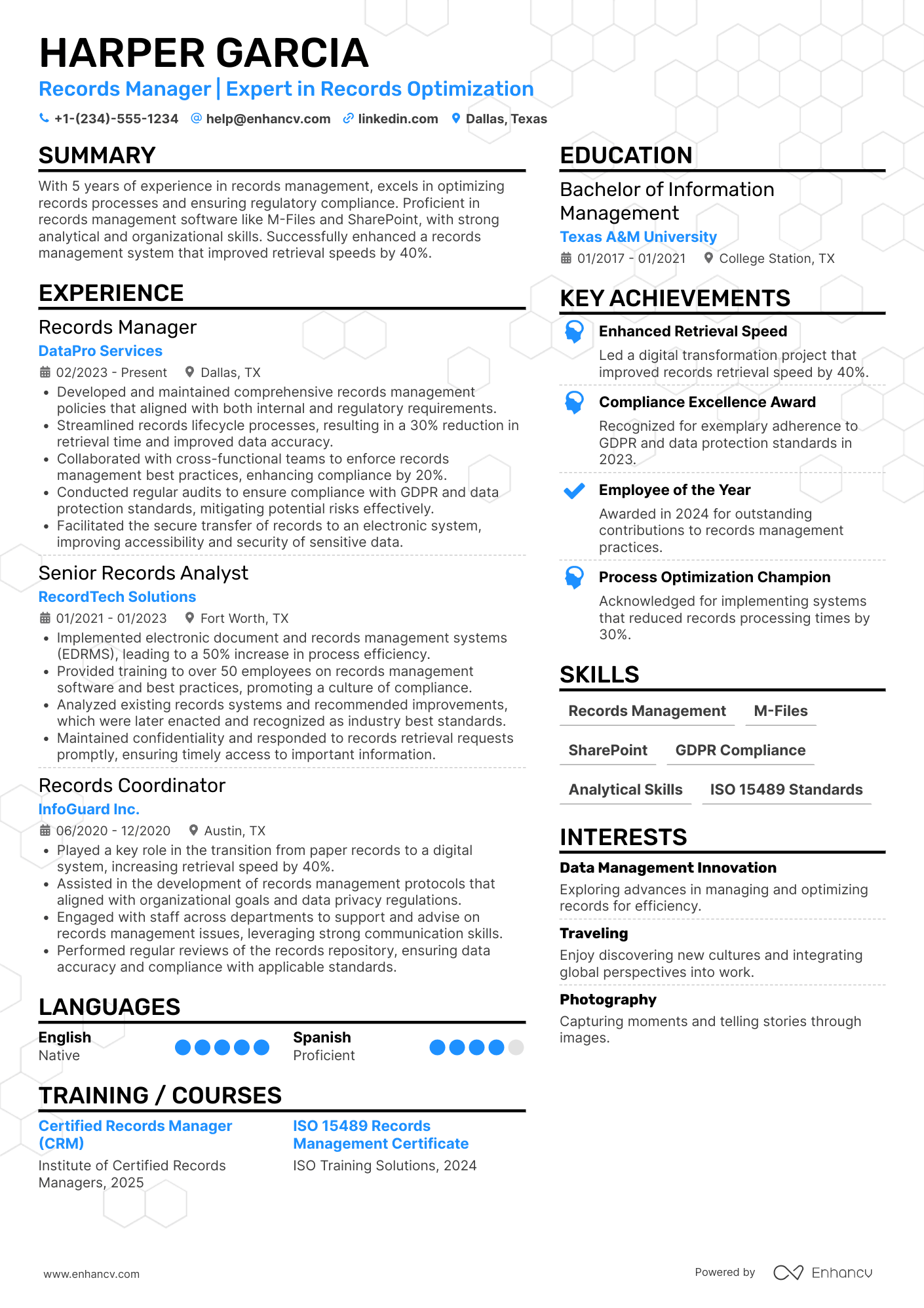 Records Manager resume example
