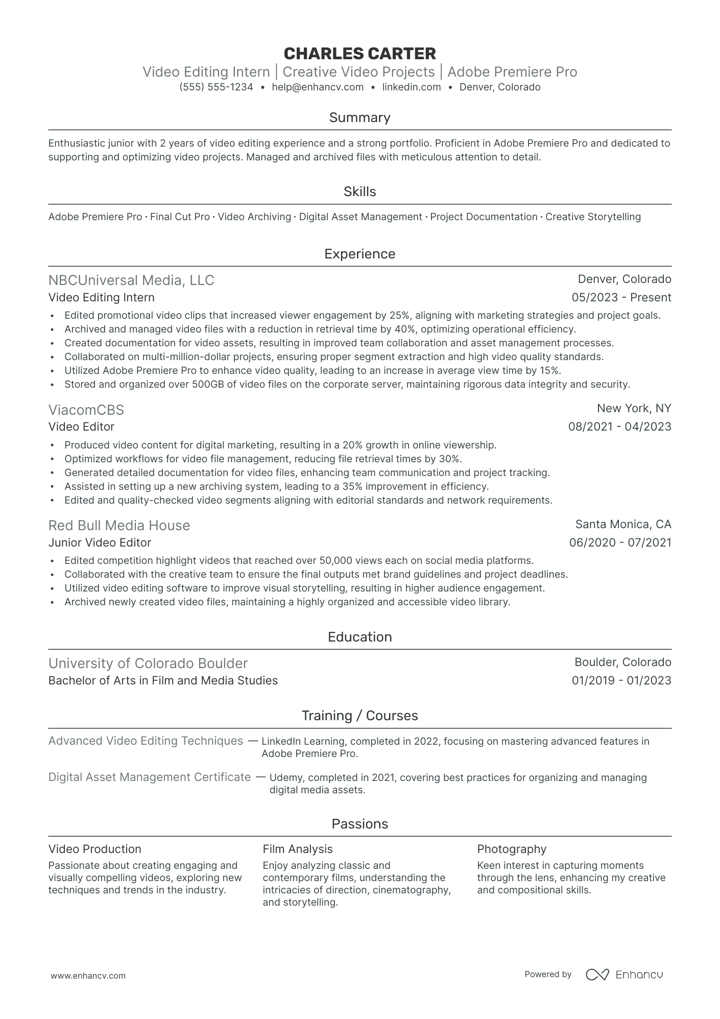 Video Editor Intern resume example