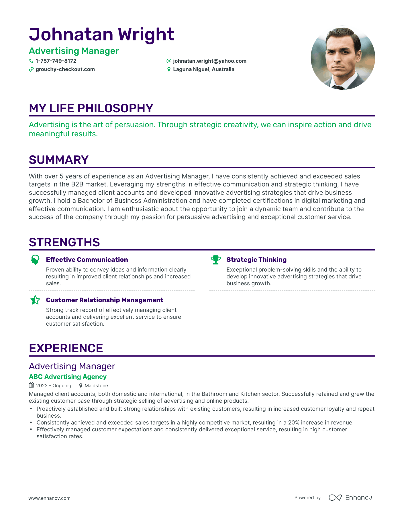 Creative Advertising Manager Resume Example