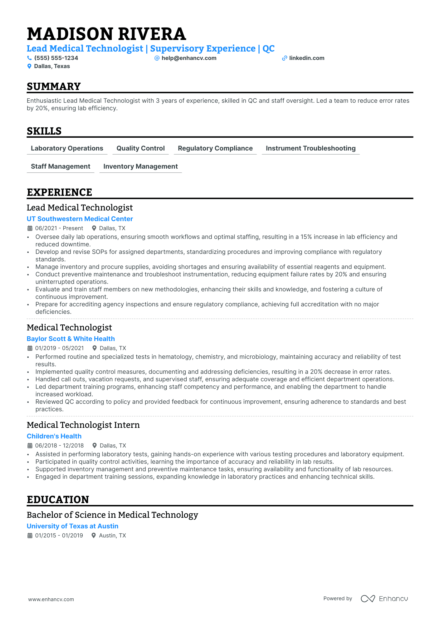 Lead Medical Technologist resume example