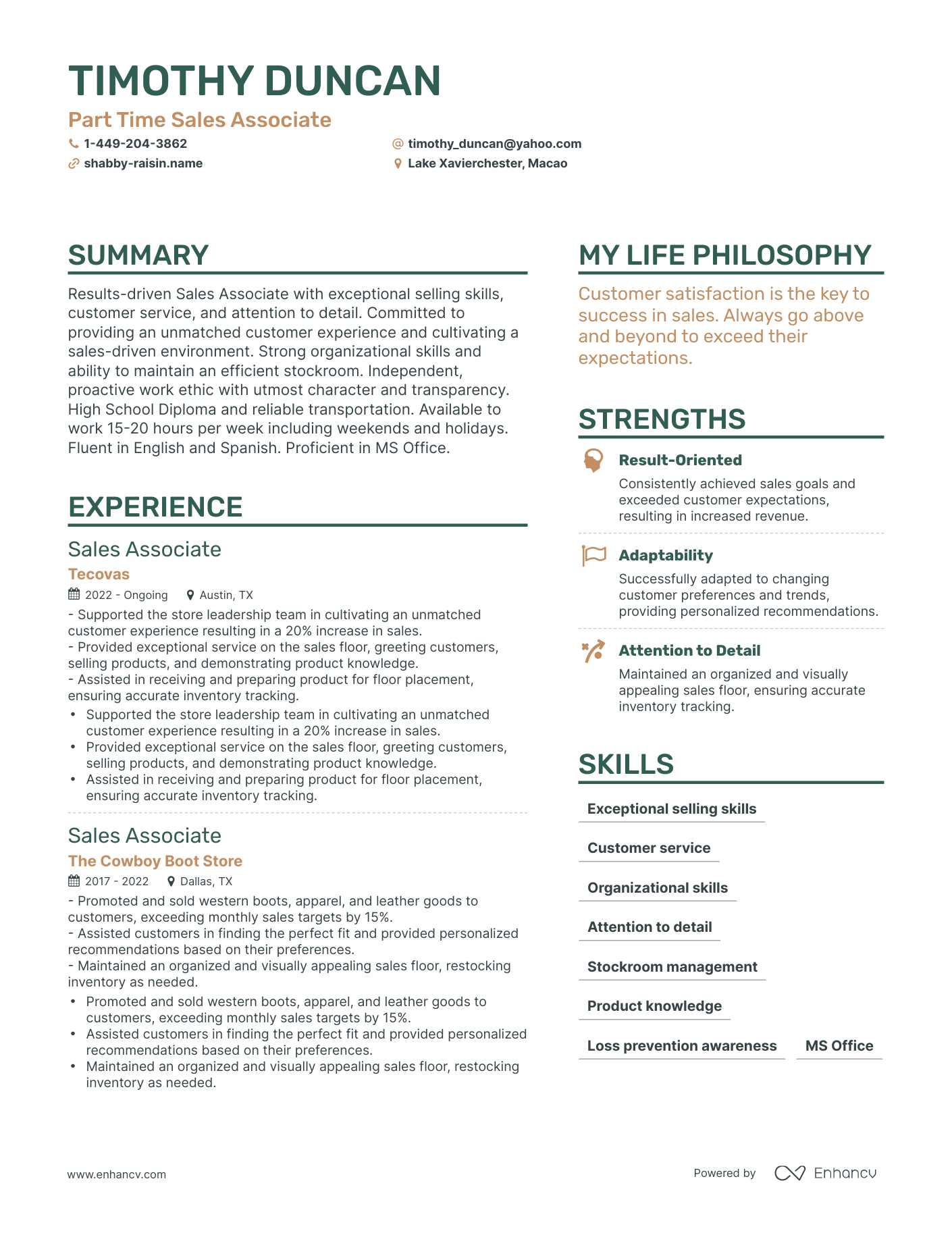 Part Time Sales Associate resume example