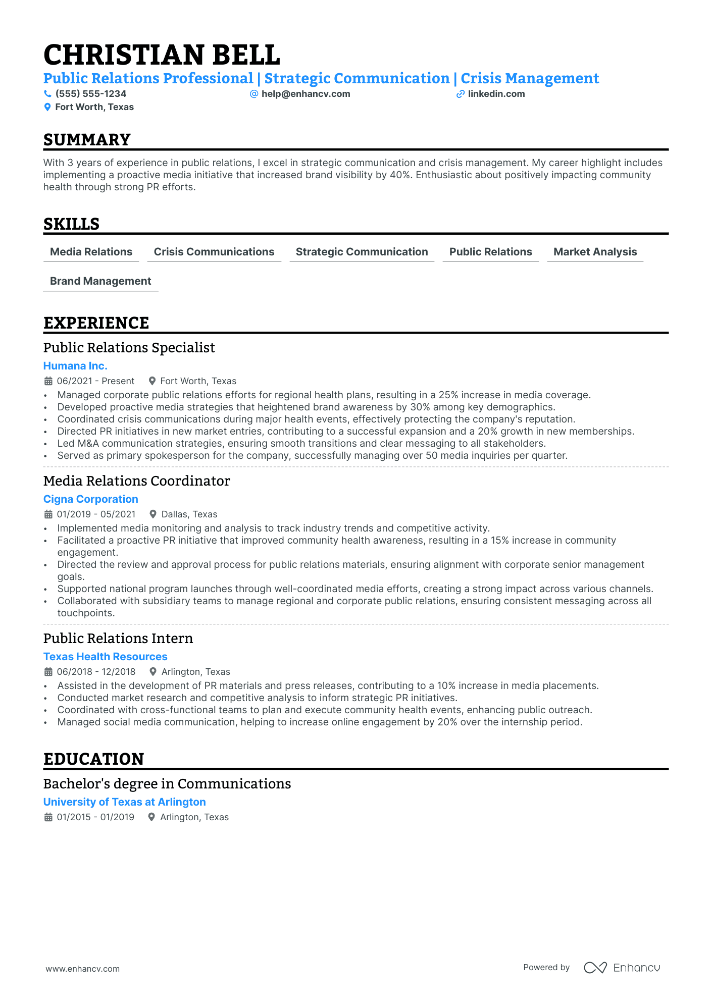 Senior Public Relations Manager resume example