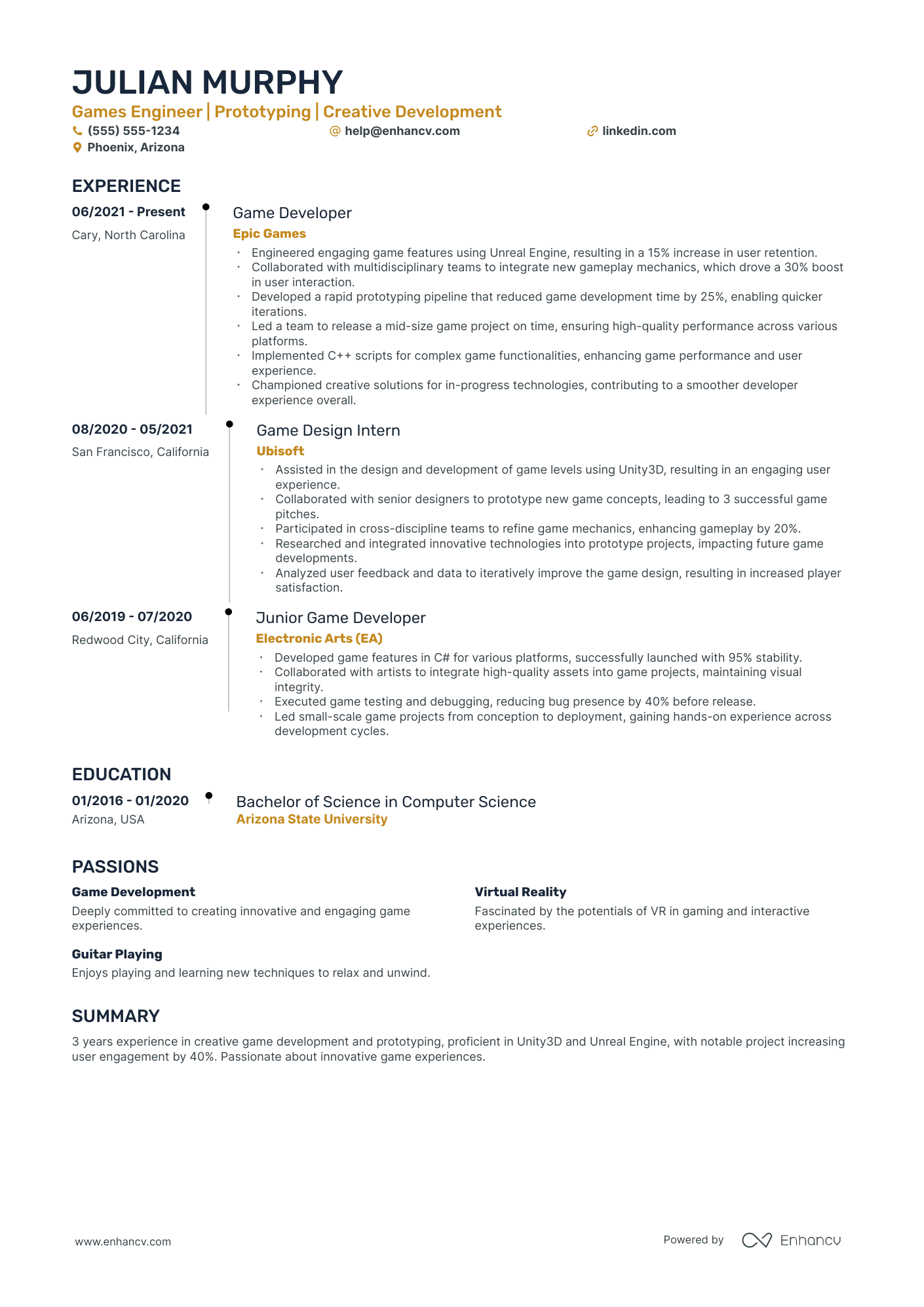 C++ Game Developer resume example