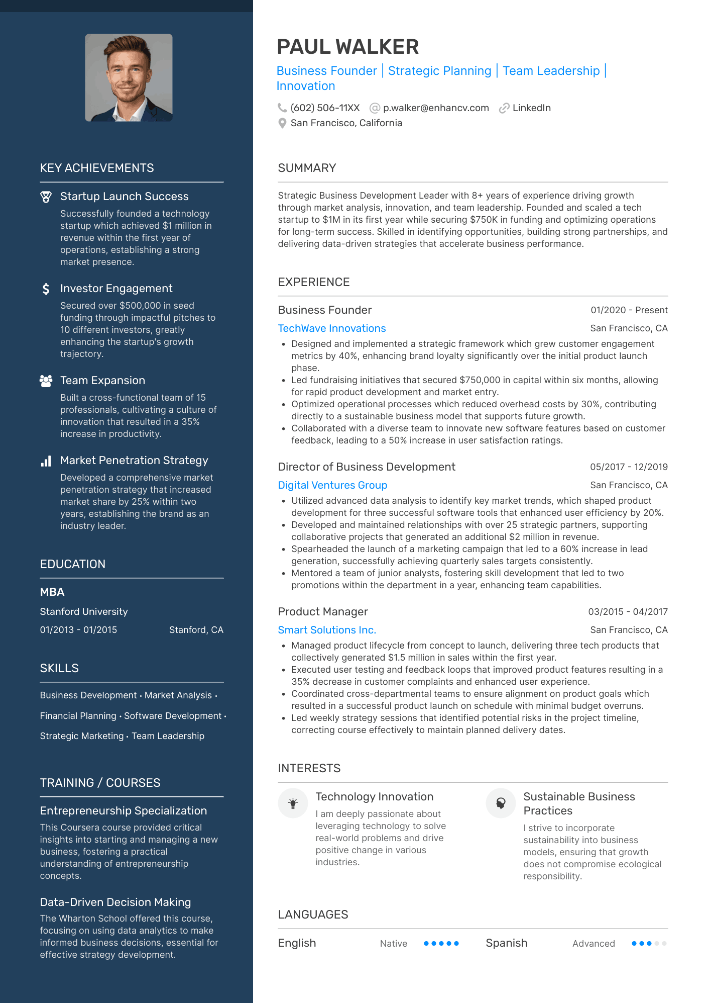 A polished template with a focus on key achievements and skills. Red/rust colored left column for highlights.