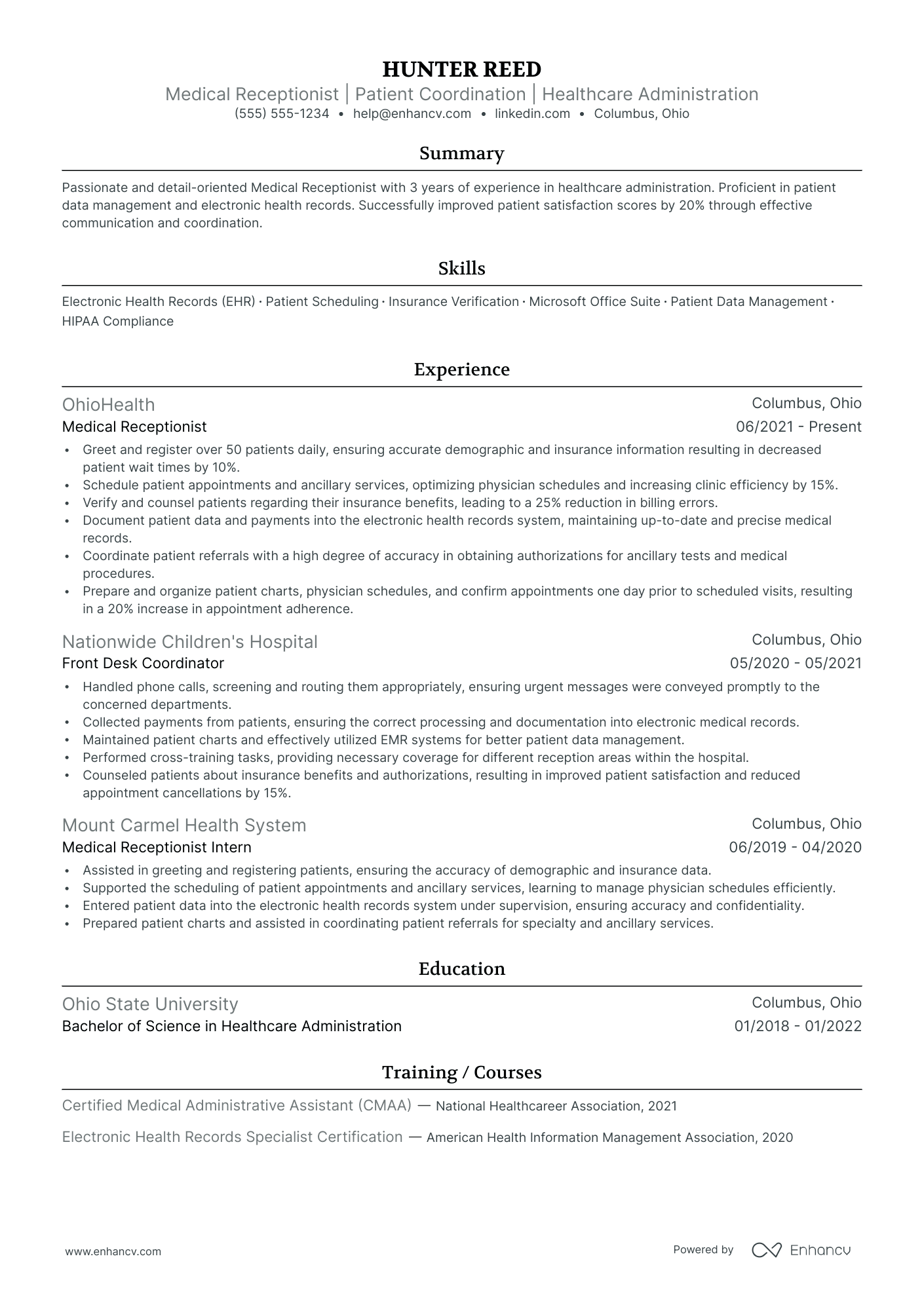 Medical Receptionist resume example