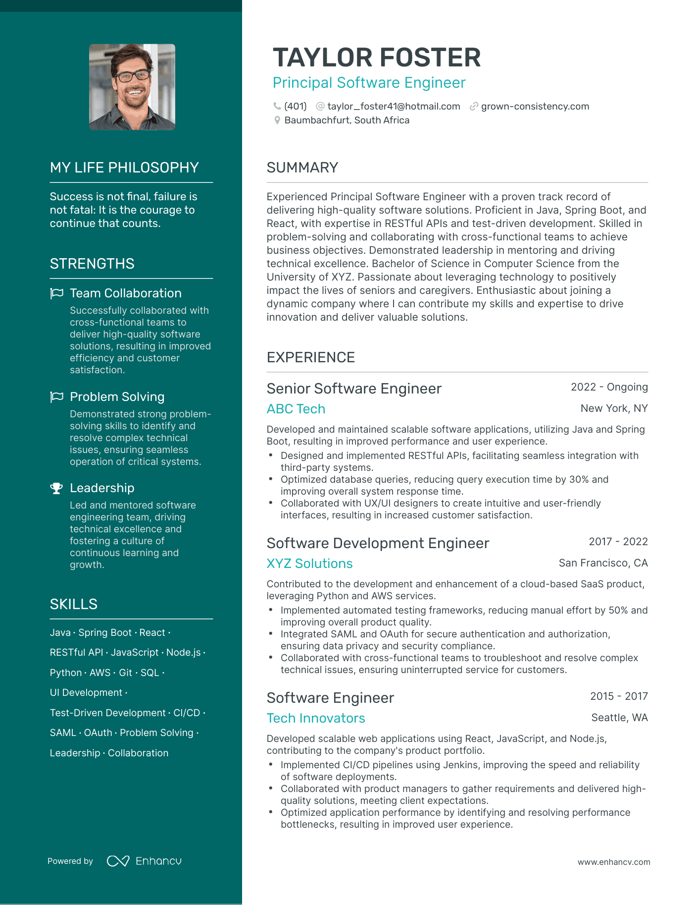 Creative Principal Software Engineer Resume Example