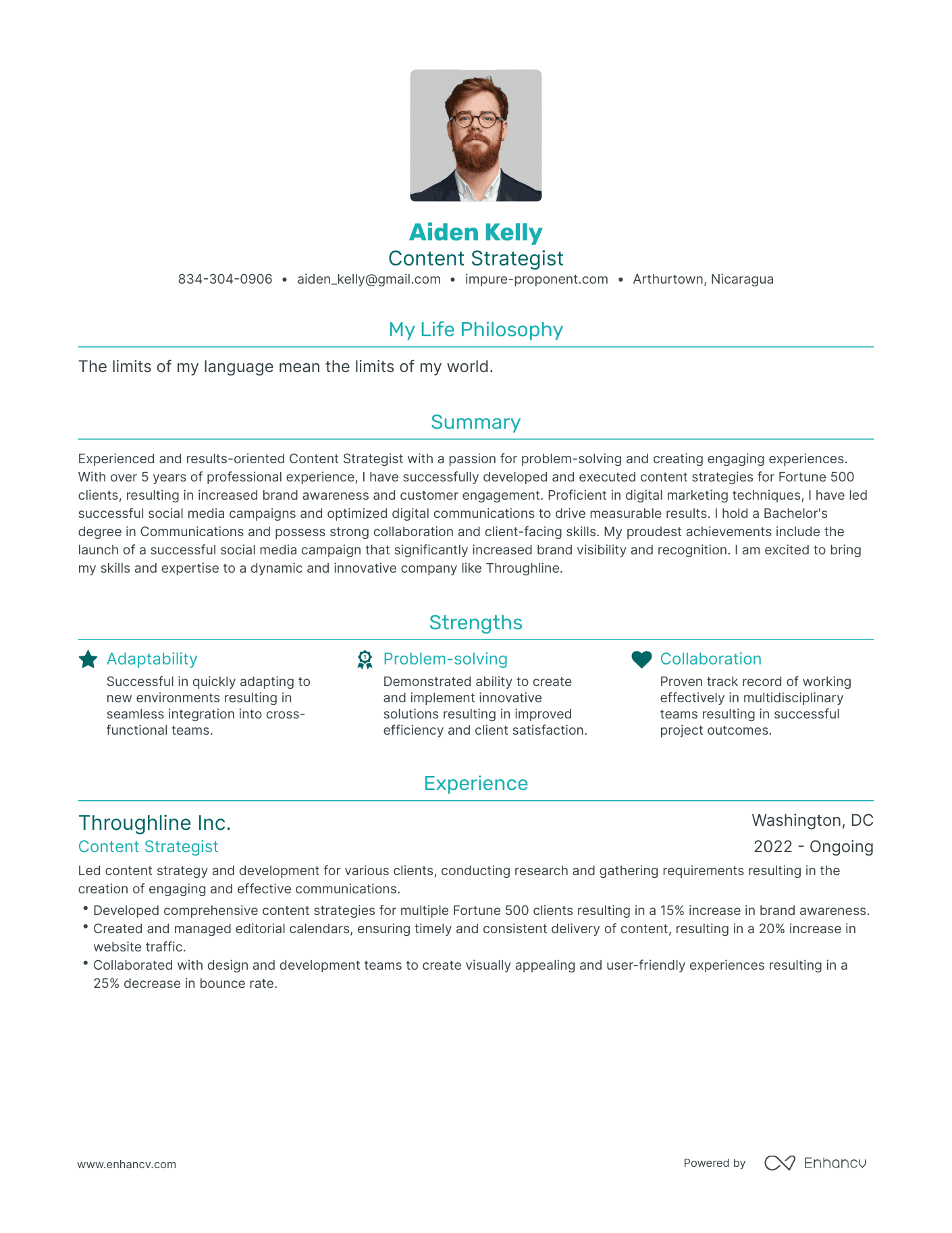 Modern Content Strategist Resume Example