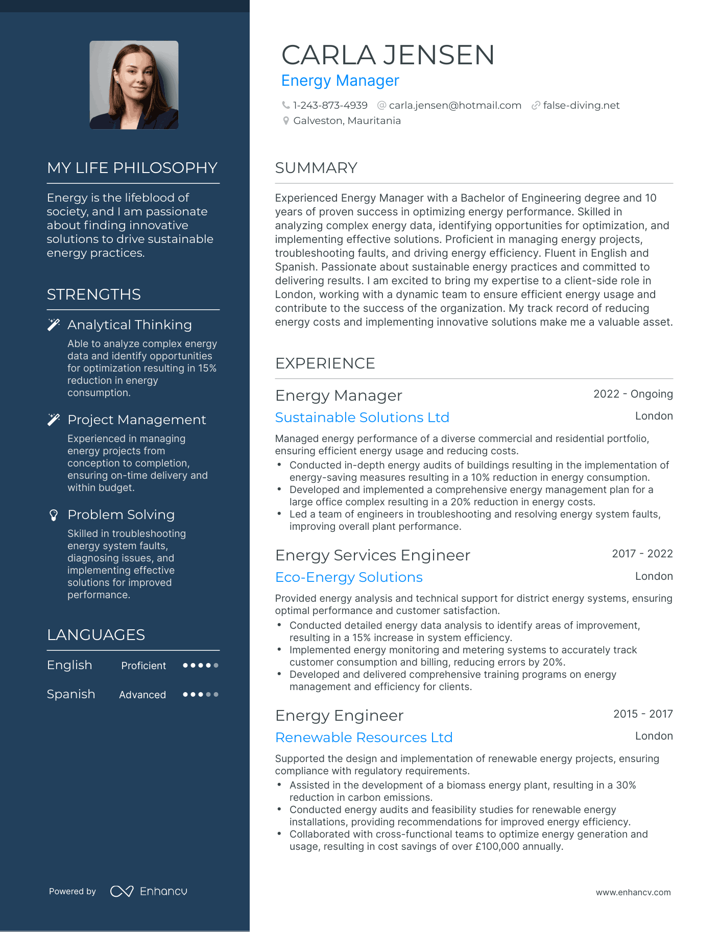 Energy Manager resume example
