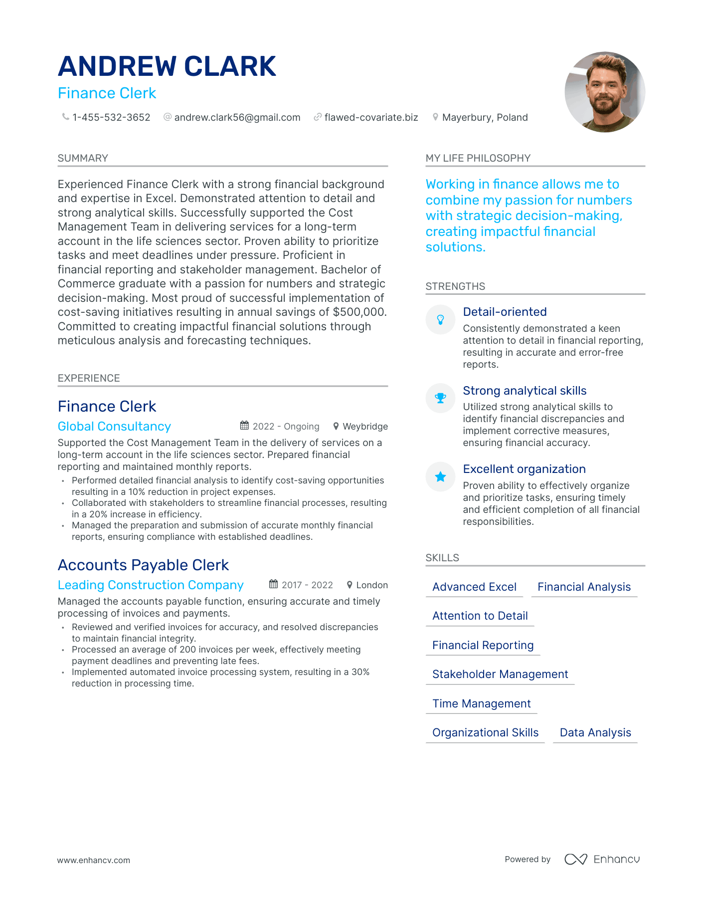 Finance Clerk resume example