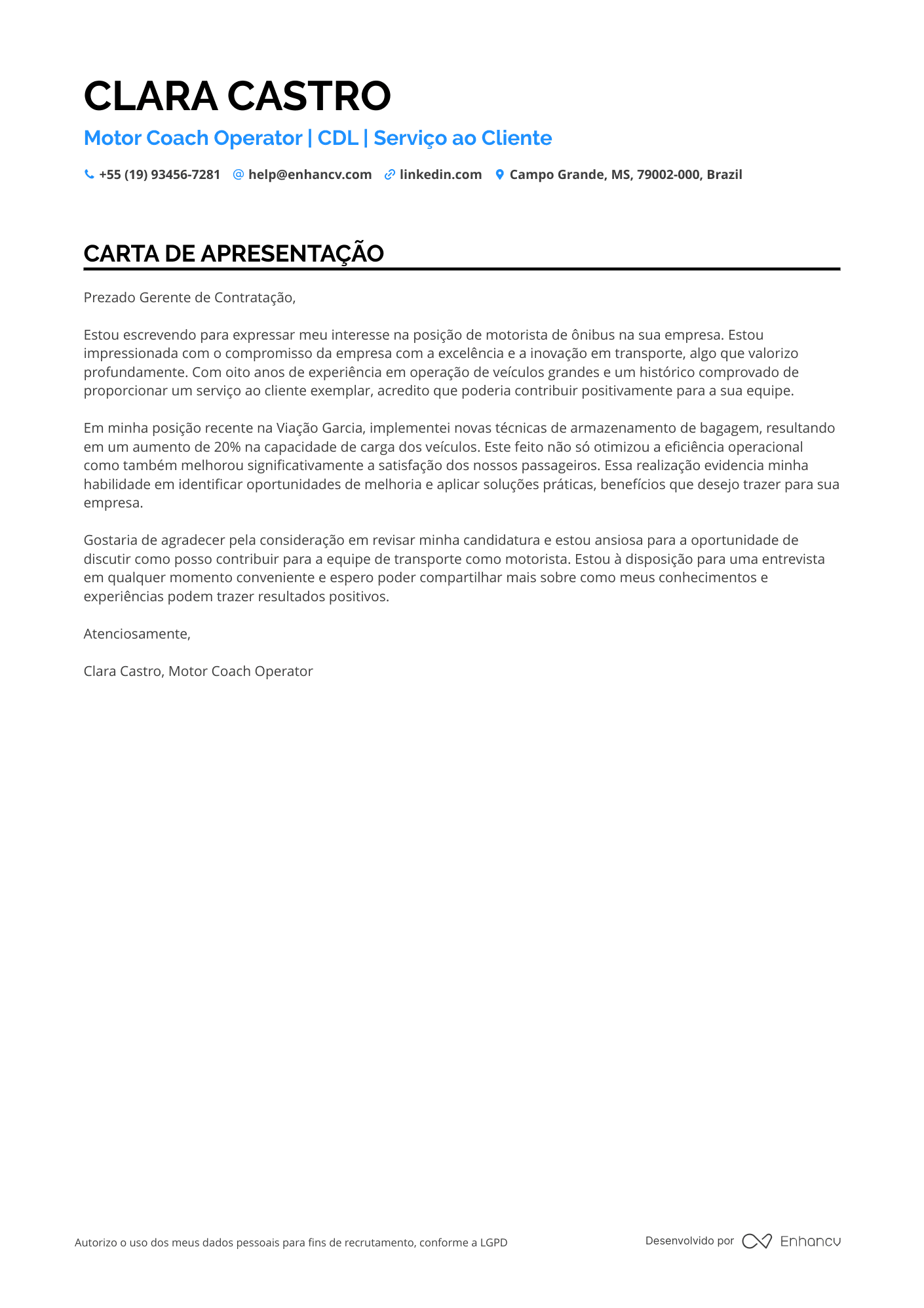 Motorista de ônibus Carta de apresentação
