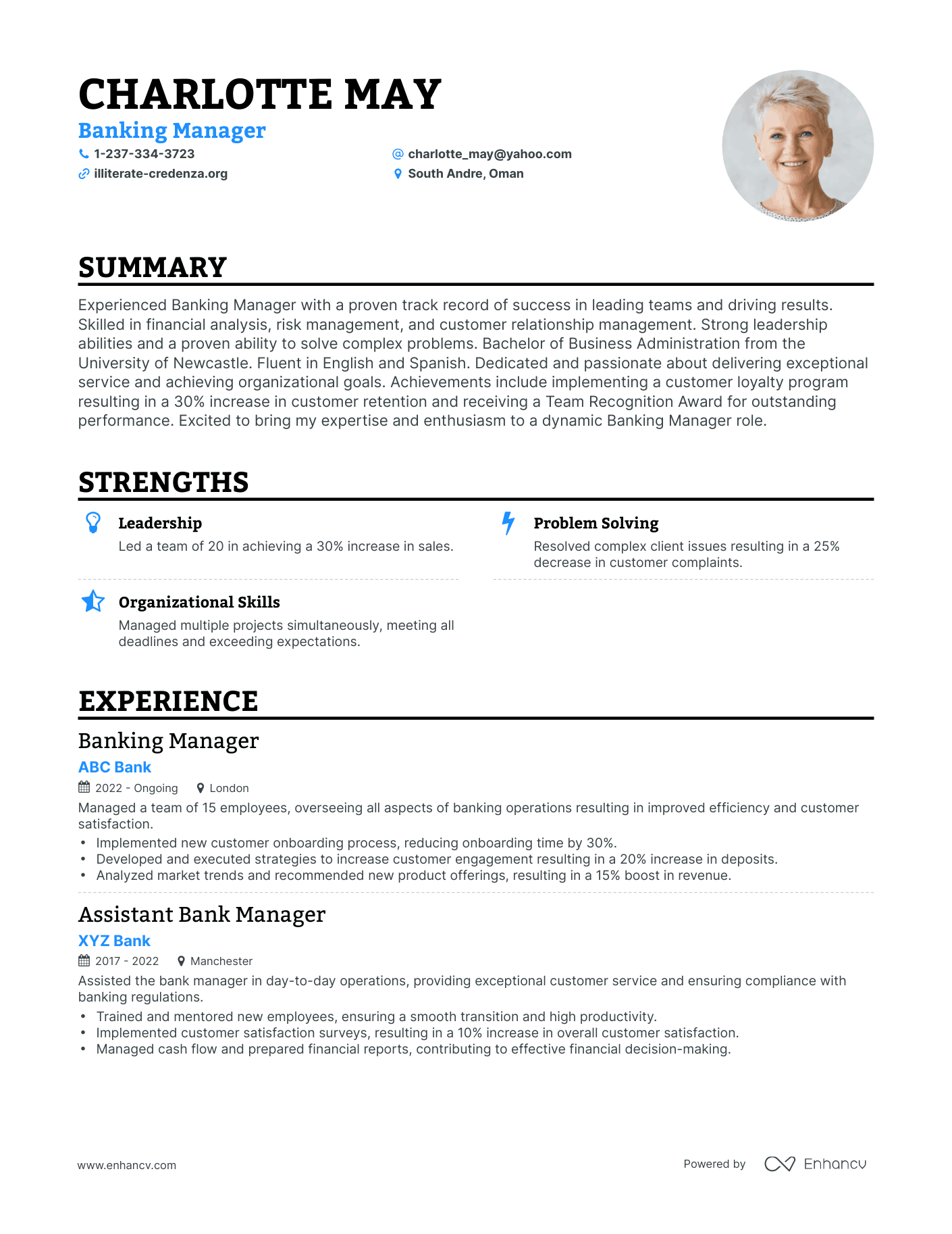 Creative Banking Manager Resume Example