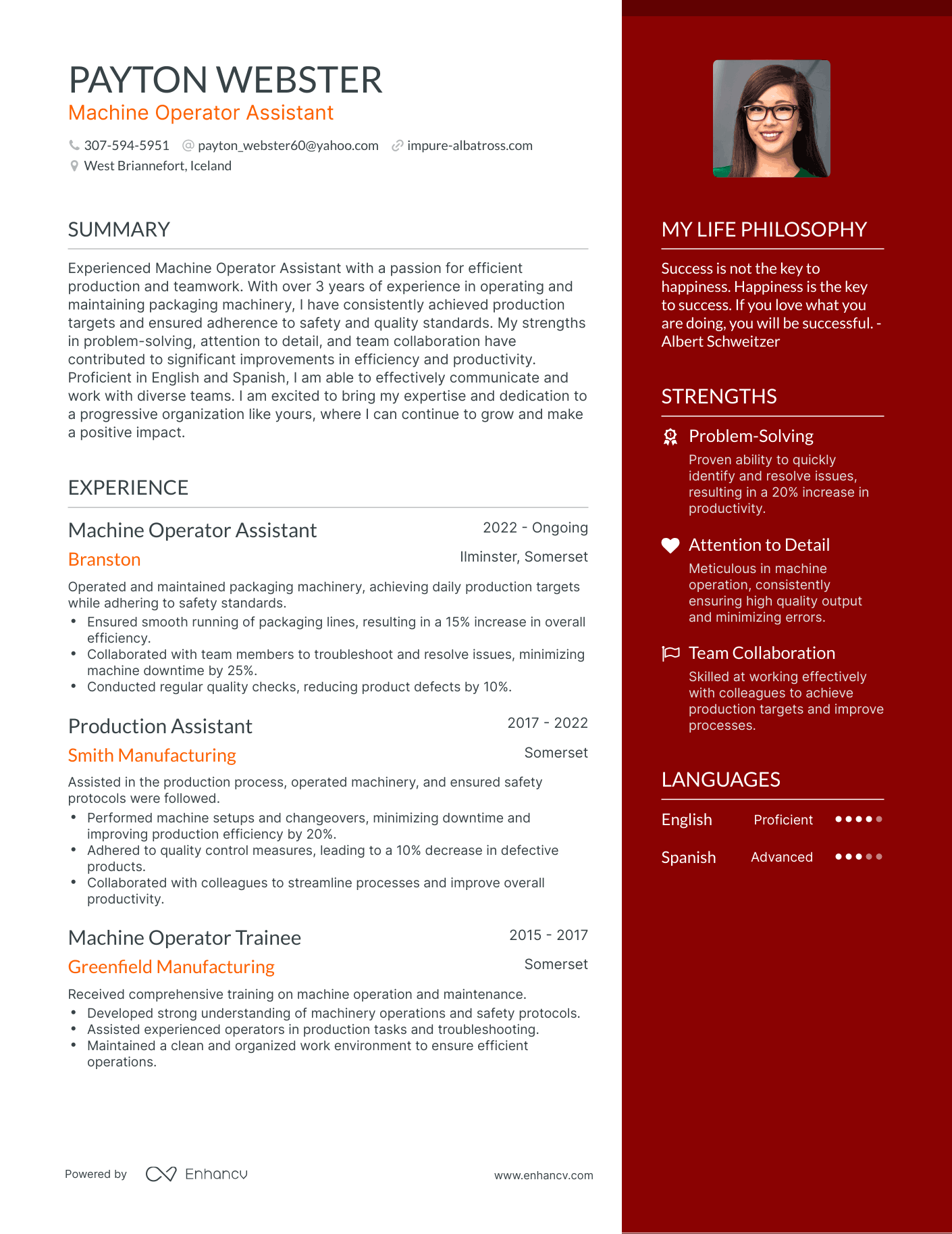 Modern Machine Operator Assistant Resume Example